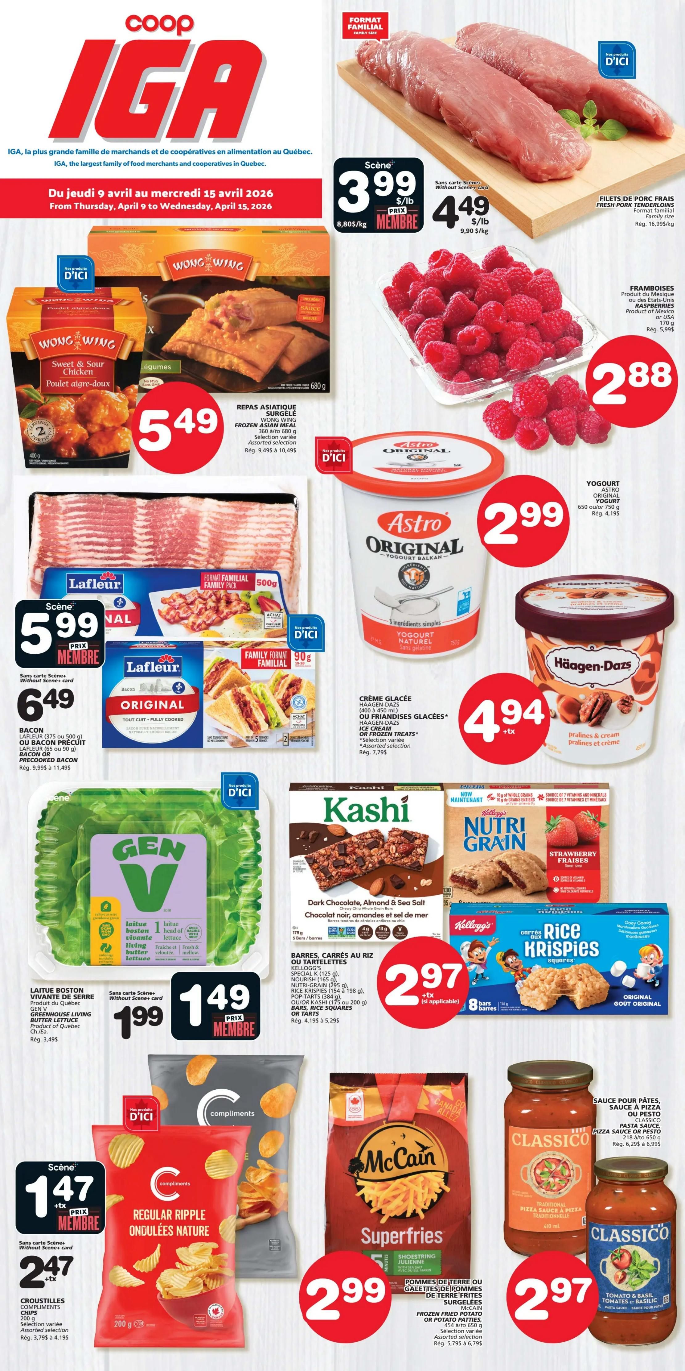 IGA flyer for The Magdalen Islands, valid April 9 to April 15, 2026. Featured items include Fresh Pork Tenderloins for $3.99/lb (member price) or $4.49/lb, Wong Wing Sweet & Sour Chicken or Frozen Asian Meal for $5.49, Lafleur Original Bacon for $5.99 (member price) or $6.49, Astro Original Yogurt for $2.99, and Raspberries for $2.88. Also on sale are Boston Living Butter Lettuce for $1.99 (member price), Häagen-Dazs Ice Cream for $4.94, Kashi Dark Chocolate, Almond & Sea Salt bars for $2.97, Kellogg's Nutri-Grain bars and Pop-Tarts for $2.97, Kellogg's Rice Krispies Squares for $2.97, Compliments Regular Ripple Potato Chips for $1.47 (member price) or $2.47, and McCain Superfries Shoestring Potatoes for $2.99. Classico Pasta Sauce is also available for $2.97.