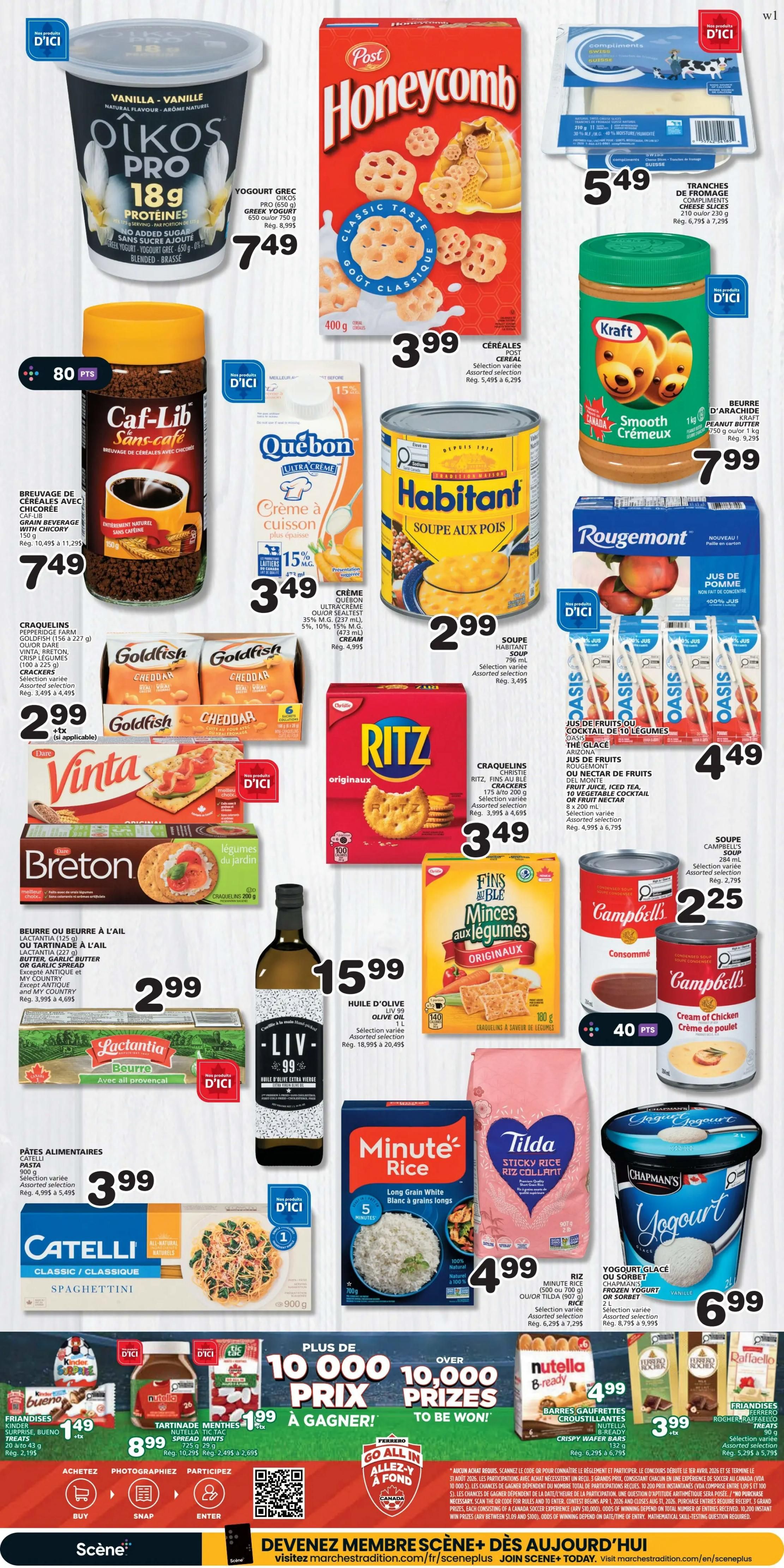 IGA Weekly Flyer Specials for The Magdalen Islands, Page 5. Featured products include Oikos Pro Greek Yogurt for $7.49, Post Honeycomb Cereal for $3.99, Compliments Sliced Cheese for $5.49, and Kraft Smooth & Creamy Peanut Butter for $7.99. Also on sale is Caf-Lib Sans-Café beverage for $7.49, Quebec Ultra Crème cooking cream for $3.49, and Habitant Split Pea Soup for $2.99. Crackers include Goldfish Cheddar for $2.99 (when applicable), Ritz Crackers for $3.49, and FINS AU BLE crackers for $3.49. Vinta and Breton crackers are also shown. Lactantia Butter is $2.99 and Liv 99 Olive Oil is $15.99. Catelli Spaghetti is $3.99. Minute Rice is $4.99 and Tilda Sticky Rice Collant is $4.99. Rougemont 100% pure juice is $4.49, as is Oasis 10 vegetable cocktail. Campbell's Soup is $2.25. Chapman's Jogurt is $6.99. Also featured are Nutella B-Ready Crispy Wafer Bars for $4.99, and Ferrero Rocher and Raffaello chocolates. A promotion offers over 10,000 prizes to be won with purchases between $1.99 and $5.99.