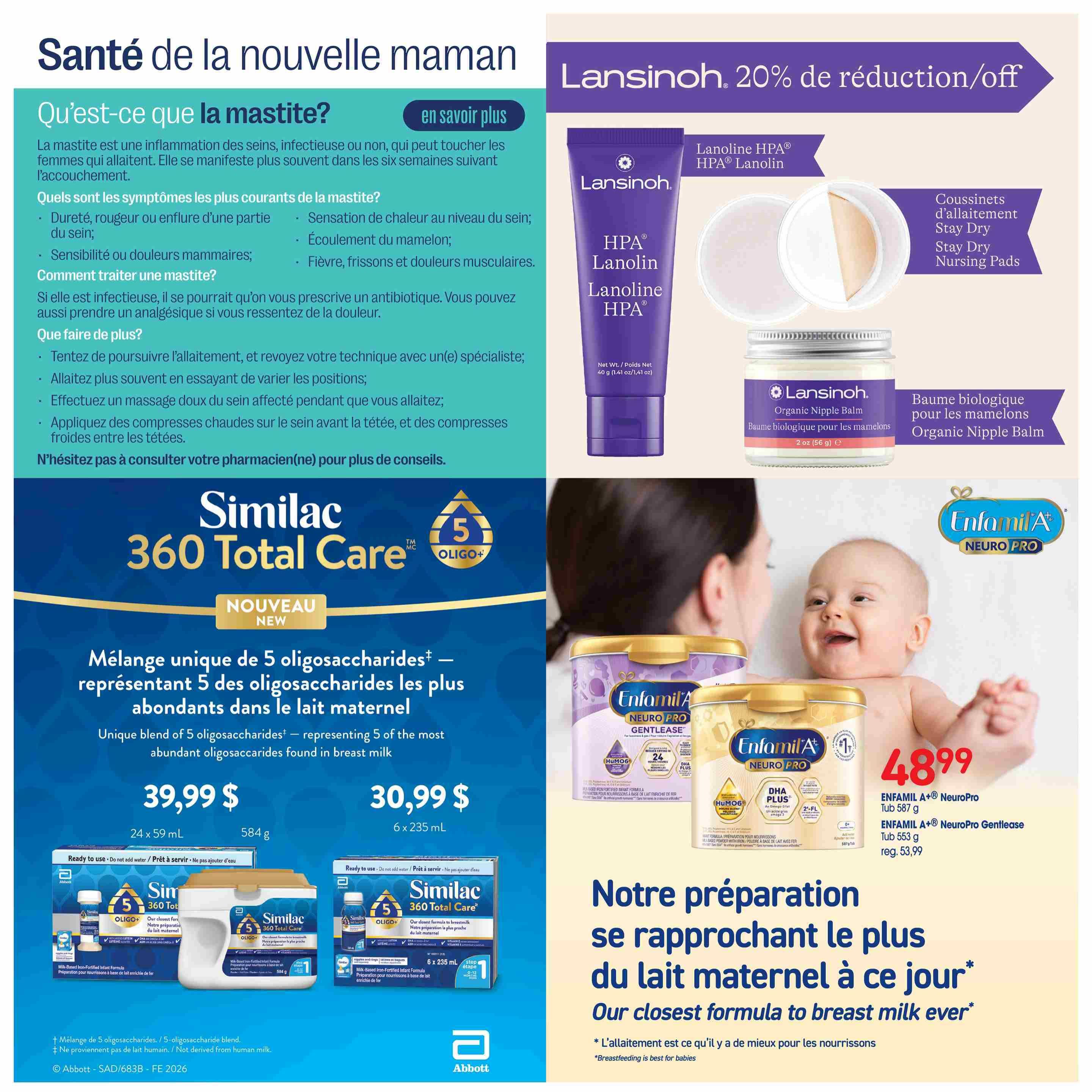 Jean Coutu Baby Flyer, Page 13. This page discusses mastitis for new mothers and features promotions on baby formula and nursing products. On the right, Lansinoh offers 20% off HPA Lanolin and Organic Nipple Balm, along with Stay Dry Nursing Pads. The centre and left feature Similac 360 Total Care formula, available in a 24 x 59 mL pack for $39.99 and a 6 x 235 mL pack for $30.99. Also shown are Enfamil A+ NeuroPro formula tubs: Enfamil A+ NeuroPro Tub 587 g for $48.99 (regularly $53.99) and Enfamil A+ NeuroPro Gentlease Tub 553 g.