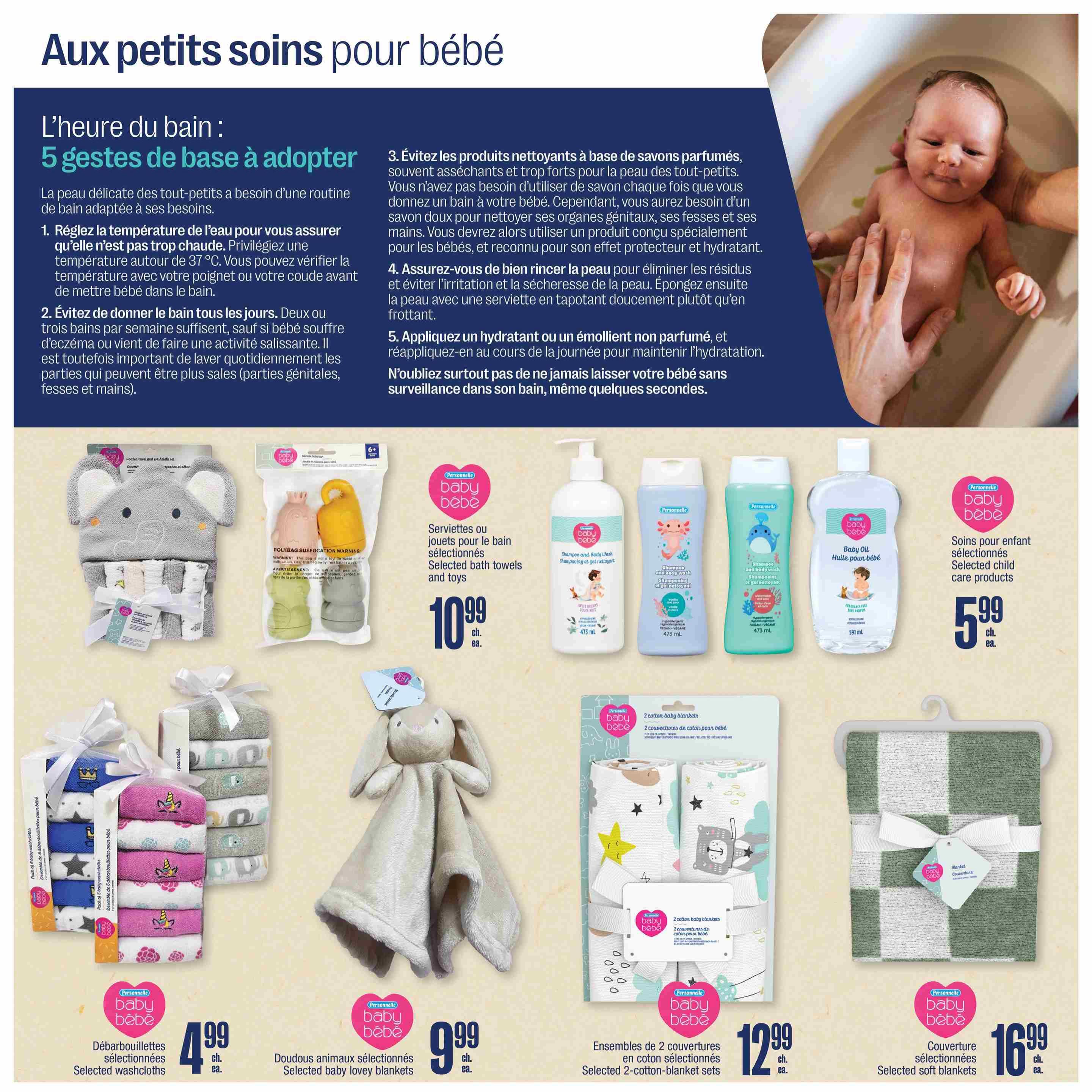 Jean Coutu Baby Flyer, Page 15: Features 'Bath Time: 5 Basic Steps to Adopt' with tips for bathing infants. Products on sale include: Selected bath towels and toys for $10.99 each, featuring a grey elephant hooded towel and washcloth set. Also available are selected baby washcloths in a 6-pack for $4.99, selected baby lovey blankets for $9.99, selected 2-cotton-blanket sets for $12.99, and selected soft blankets for $16.99. Personallement Baby products like shampoo and body wash (475 mL) and baby oil (591 mL) are also displayed.