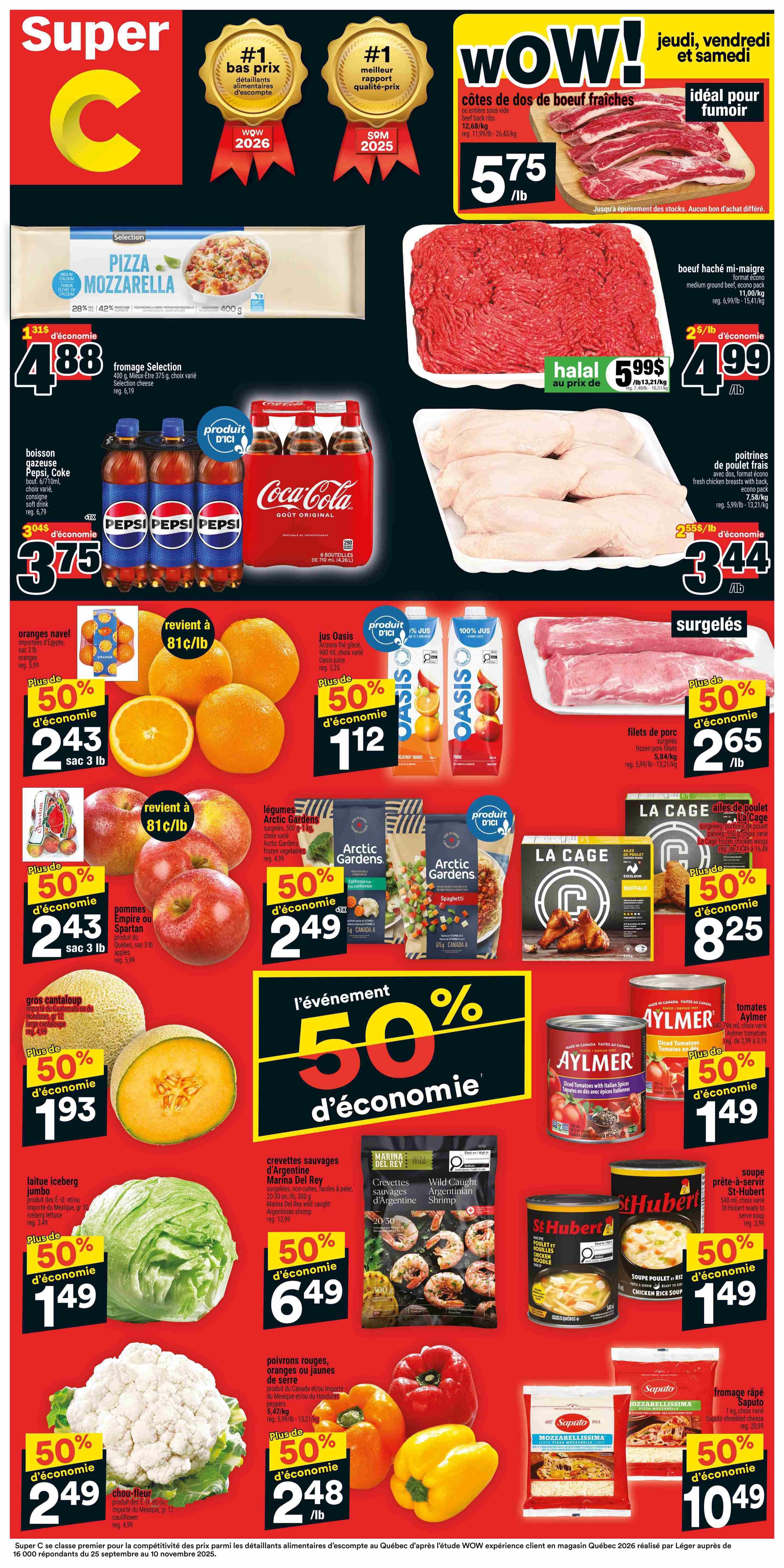 Super C weekly flyer specials page 1 features a 'WOW!' event with deals valid from April 9 to April 15, 2026. Highlighted items include fresh beef bone-in short ribs for $5.75/lb, medium ground beef for $4.99/lb, and fresh chicken breasts for $3.44/lb. Other deals include Selection Mozzarella Pizza for $4.88, a 6-bottle pack of Pepsi or Coke soft drinks for $3.75, navel oranges or apples for $2.43/3 lb bag, Oasis juice for $1.12, Arctic Gardens vegetables for $2.49, pork fillets for $2.65/lb, and La Cage chicken wings for $8.25. Also featured are cantaloupe for $1.93, Aylmer diced tomatoes for $1.49, St-Hubert soup for $1.49, iceberg lettuce for $1.49, Marina Del Rey Argentine shrimp for $6.49, red or yellow bell peppers for $2.48/lb, cauliflower for $2.49, and Saputo Mozzarellissima pizza for $10.49.