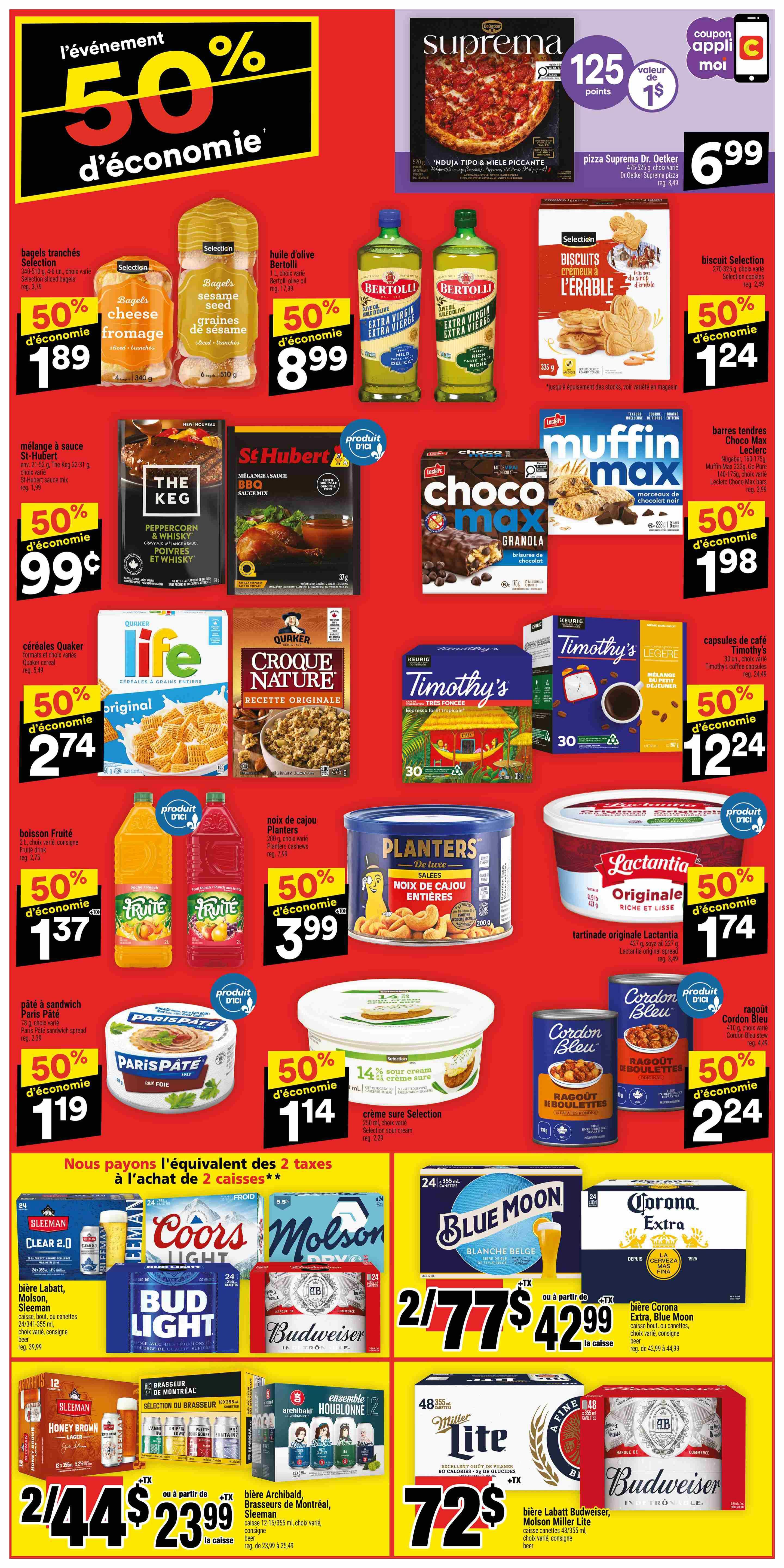 Super C weekly flyer specials page 2 features a large 50% off promotion on various items. Featured products include Selection sliced bagels for $1.89, Selection sesame seeds for $8.99, and Bertolli olive oil for $8.99. Also on sale are St. Hubert marinades for $0.99, Quaker Life cereal for $2.74, and Timothy's coffee capsules for $12.24. Other deals include Planters nuts for $3.99, Lactantia original spread for $1.74, Paris Pâté sandwich spread for $1.19, and Selection sour cream for $1.14. Beverage deals include Fruit drink for $1.37 and Cordon Bleu beef stew for $2.24. The flyer also highlights a promotion: 'We pay the equivalent of 2 taxes on the purchase of 2 cases'. Featured beer brands on sale include Sleeman, Coors Light, Bud Light, Budweiser, Blue Moon, Corona Extra, Archibald, Molson Canadian, and Miller Lite. Specific deals include 24x 355ml Sleeman, Coors Light, Bud Light, or Budweiser for $42.99 per case, and 24x 355ml Blue Moon or Corona Extra for $42.99 per case. Also, 12x 355ml Archibald, Brasseurs de Montréal, or Sleeman beer for $23.99 per case, and 48x 355ml Miller Lite beer for $72.99 per case.