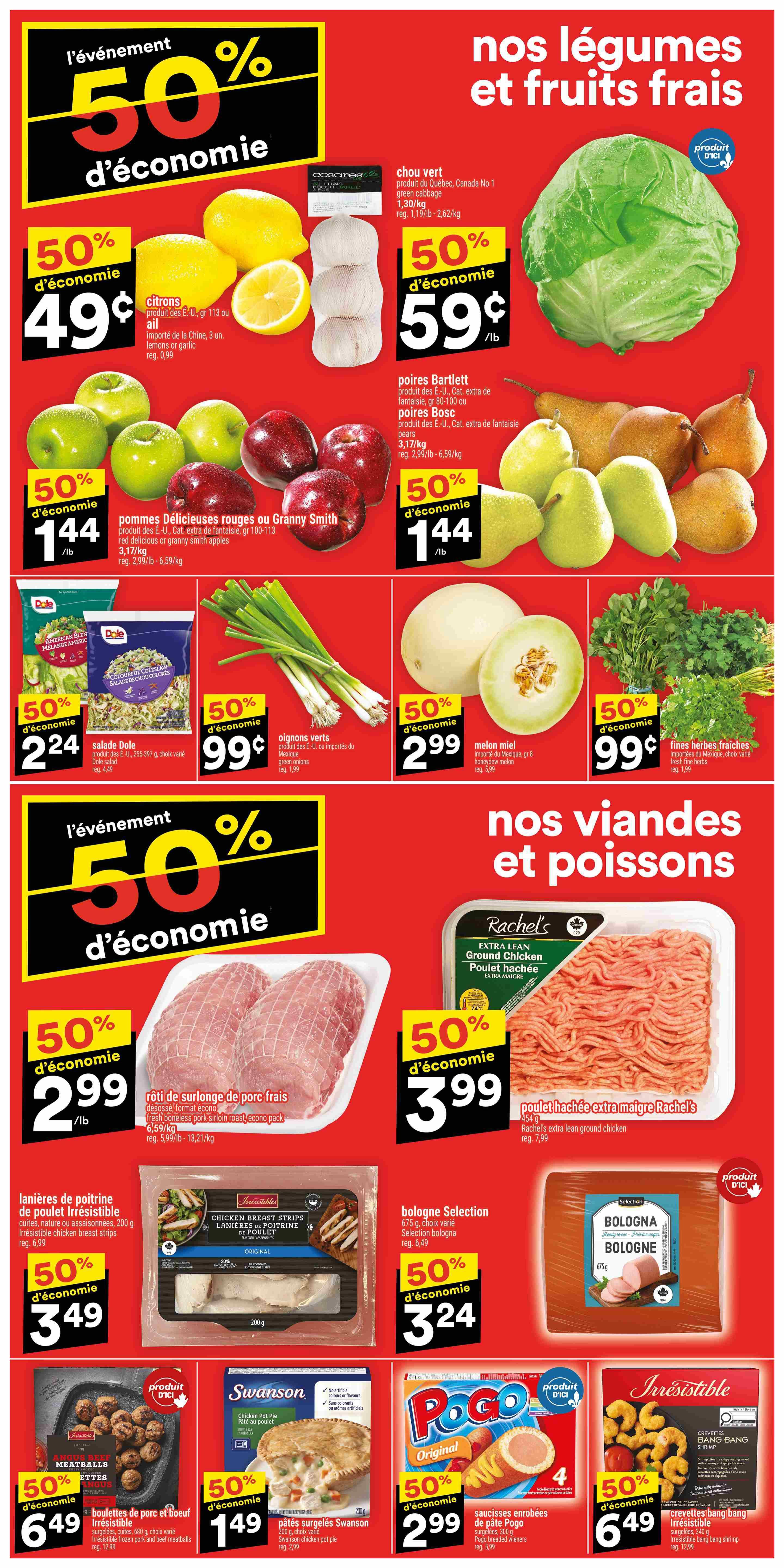 Super C weekly flyer specials page 3 features fresh produce and meats with 50% off savings. Fresh produce includes green cabbage for $0.59/lb, Bartlett or Bosc pears for $1.44/lb, Delicious red or Granny Smith apples for $1.44/lb, lemons or garlic for $0.49, Dole salad for $2.24, green onions for $0.99, and honeydew melon for $2.99. Meat specials include fresh boneless pork sirloin roast for $2.99/lb, Rachel's extra lean ground chicken for $3.99, Irresistible chicken breast strips for $3.49, Irresistible frozen pork and beef meatballs for $6.49, Swanson chicken pot pie for $1.49, Pogo breaded wieners for $2.99, and Irresistible bang bang shrimp for $6.49.