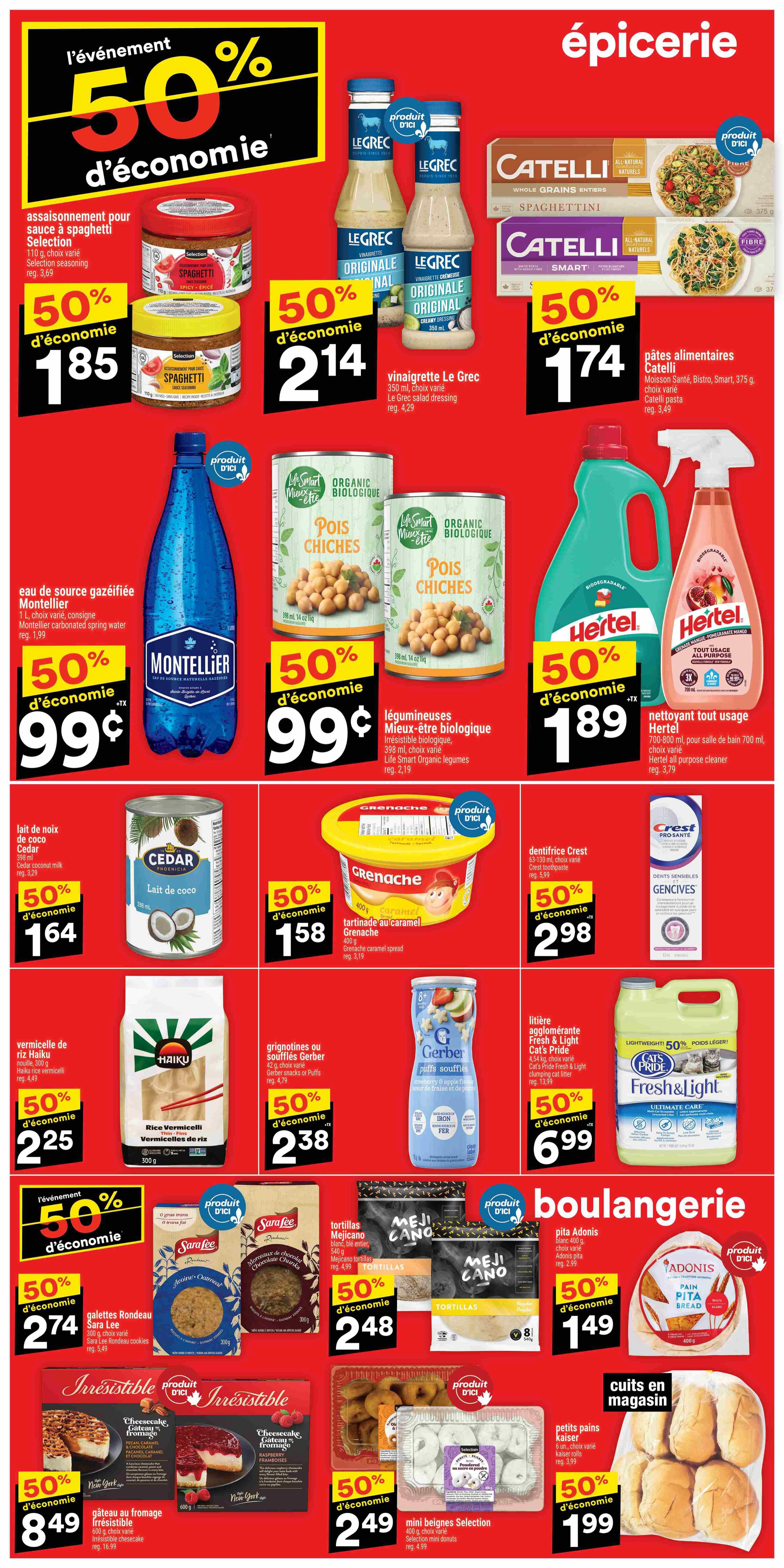 Super C weekly flyer specials page 4 features a 50% off event on a variety of grocery items. Featured products include Selection spaghetti seasoning for $1.85, Le Grec salad dressing for $2.14, and Catelli pasta for $1.74. Also on sale is Montellier carbonated spring water for $0.99, Life Smart Organic legumes for $0.99, and Hertel all-purpose cleaner for $1.89. Other deals include Cedar coconut milk for $1.64, Grenache caramel spread for $1.58, Crest Pro-Sense toothpaste for $2.98, Haiku rice vermicelli for $2.25, Gerber snacks or puffs for $2.38, and Fresh & Light clumping cat litter for $6.99. The flyer also highlights Sara Lee cookies for $2.74, Meji Cano tortillas for $2.48, Adonis pita bread for $1.49, Irresistible cheesecake for $8.49, Selection mini donuts for $2.49, and in-store baked kaiser rolls for $1.99.