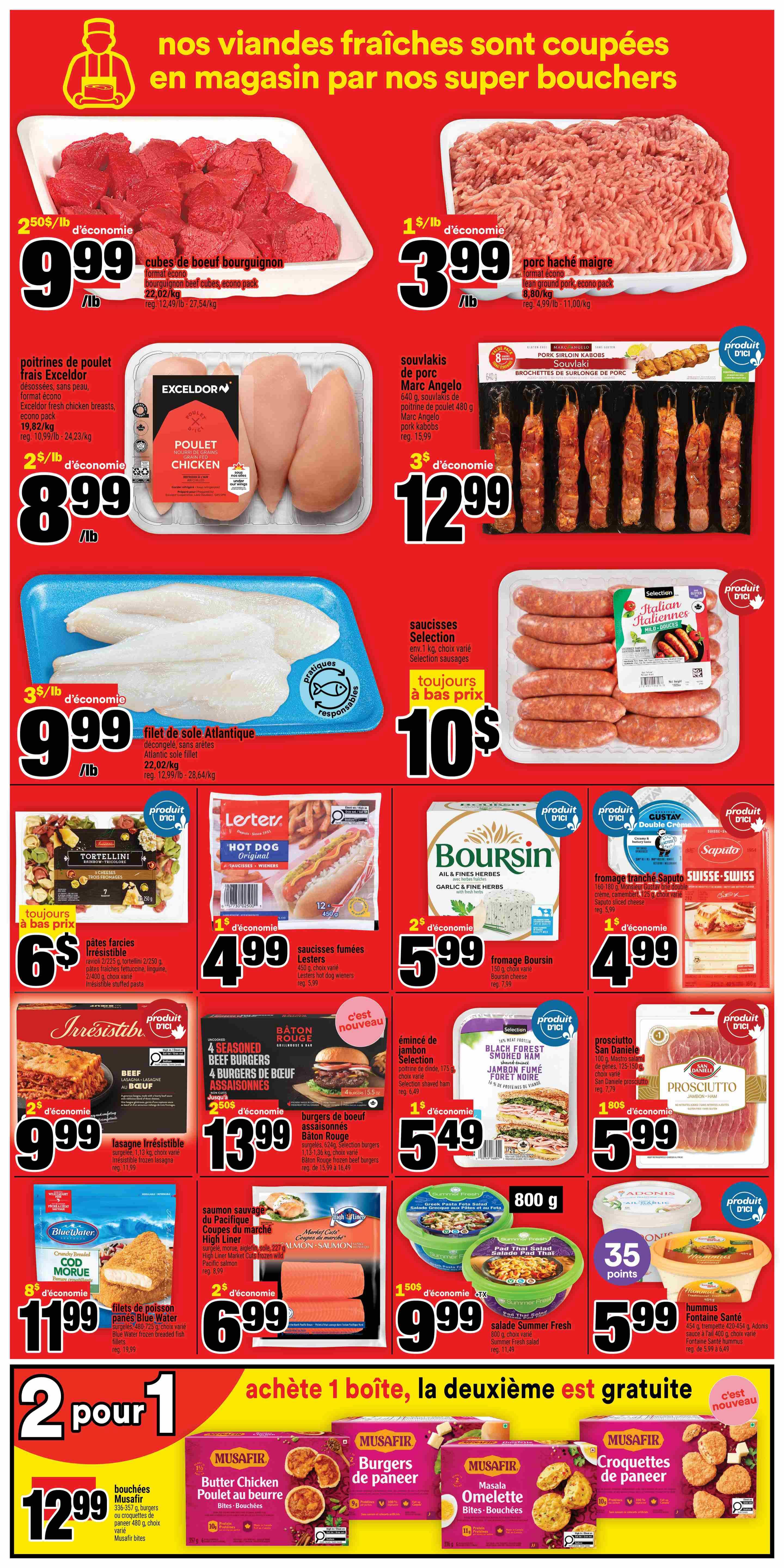 Super C weekly flyer specials page 7 features a variety of fresh meat and seafood deals. Top row includes beef bourguignon cubes for $9.99/lb, lean ground pork for $3.99/lb, and Exceldor fresh chicken breasts for $8.99/lb. Also featured are Marc Angelo pork sirloin kabobs for $12.99. Middle row highlights frozen Atlantic sole fillets for $9.99, Selection Italian sausages for $10, Lester's smoked sausages for $4.99, and Boursin garlic and fine herbs cheese for $5.99. Other deals include Irresistible stuffed pasta shells for $6, Batons Rouge seasoned beef burgers for $13.99, and Selection shaved ham for $5.49. Bottom row showcases Blue Water frozen fish fillets for $11.99, High Liner salmon portions for $6.99, Summer Fresh pad thai salad for $9.99, and Saputo Swiss cheese for $4.99. Prosciutto di San Daniele is on sale for $5.99. The bottom section has a buy one, get one free offer on Musafir bites, with options like Butter Chicken, Burgers de Pâner, and Masala Omelette bites for $12.99 for two for 2. Adonis hummus is available for $5.99 with 35 points.