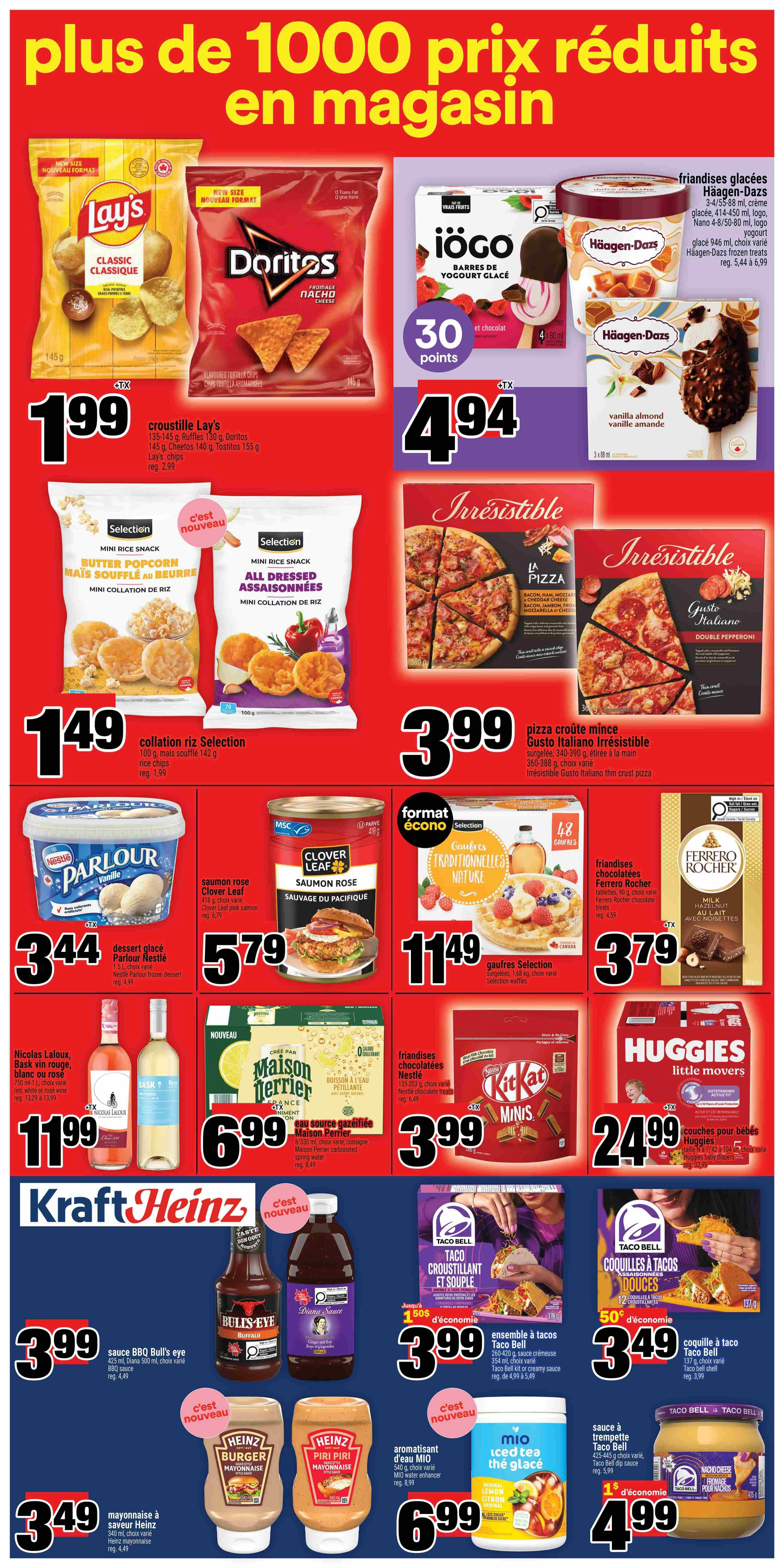Super C weekly flyer specials page 8 features a wide variety of food items. Top row includes Lay's Classic chips and Doritos Nacho Cheese chips for $1.99, Iögo yogurt bars and Häagen-Dazs frozen treats for $4.94. Middle row showcases Selection mini rice snacks in Butter Popcorn and All Dressed flavours for $1.49, Irresistible thin crust pizzas (La Pizza and Gusto Italiano Double Pepperoni) for $3.99, and Ferrero Rocher chocolate bars for $3.79. Also featured are Nestlé Parlour frozen dessert for $3.44, Clover Leaf pink salmon for $5.79, and Selection waffles for $11.49. Bottom row highlights Nicolas Laloux wine (red, white, or rosé) for $11.99, Maison Perrier carbonated spring water for $6.99, Kit Kat Minis for $3.99, and Huggies Little Movers diapers for $24.99. Additional items include Kraft Heinz BBQ sauce for $3.99, Diana Sauce for $3.99, Taco Bell Crunchy & Creamy Tacos for $3.99 (save $1.50), Heinz Mayonnaise and Piri Piri Mayonnaise for $3.49, Mio water enhancer for $6.99, and Taco Bell Mild Taco Shells for $3.49 (save 50 cents). There is also a special offer on Taco Bell Nacho Cheese Taco Shells for $4.99 (save $1).