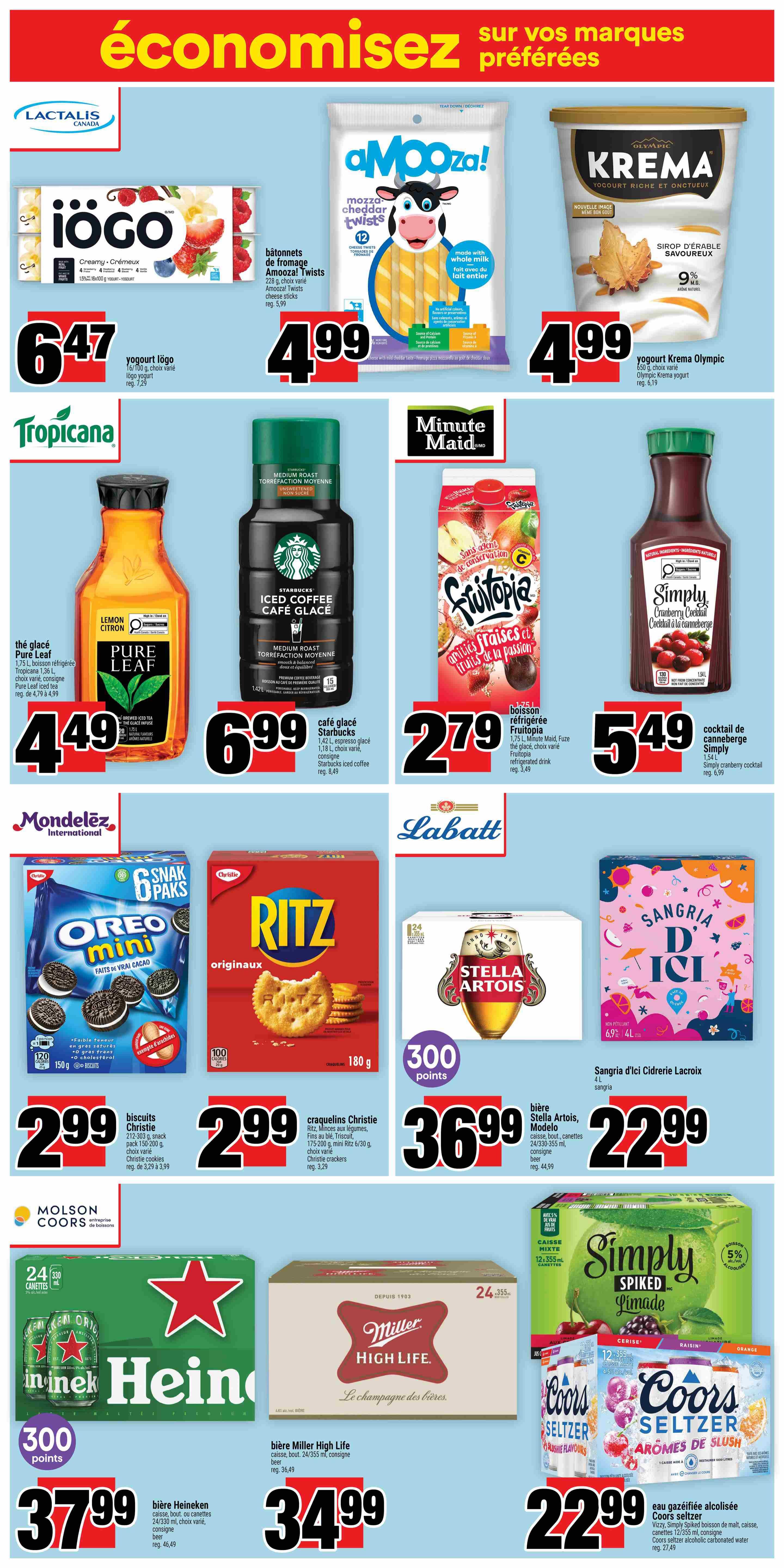 Super C weekly flyer specials page 13 featuring various products. Top row includes Iögo yogurt for $6.47, Amooza! Mozza cheddar twists for $4.99, and Olympic Kréma yogurt for $4.99. Middle row showcases Pure Leaf iced tea for $4.49, Starbucks iced coffee for $6.99, Fruitopia refrigerated drink for $2.79, and Simply cranberry cocktail for $5.49. Bottom row features Christie Oreo mini snack packs for $2.99, Christie Ritz crackers for $2.99, Stella Artois beer for $36.99 with 300 points, Molson Coors Heinekken beer for $37.99 with 300 points, Miller High Life beer for $34.99, and Coors Seltzer assorted flavours for $22.99.