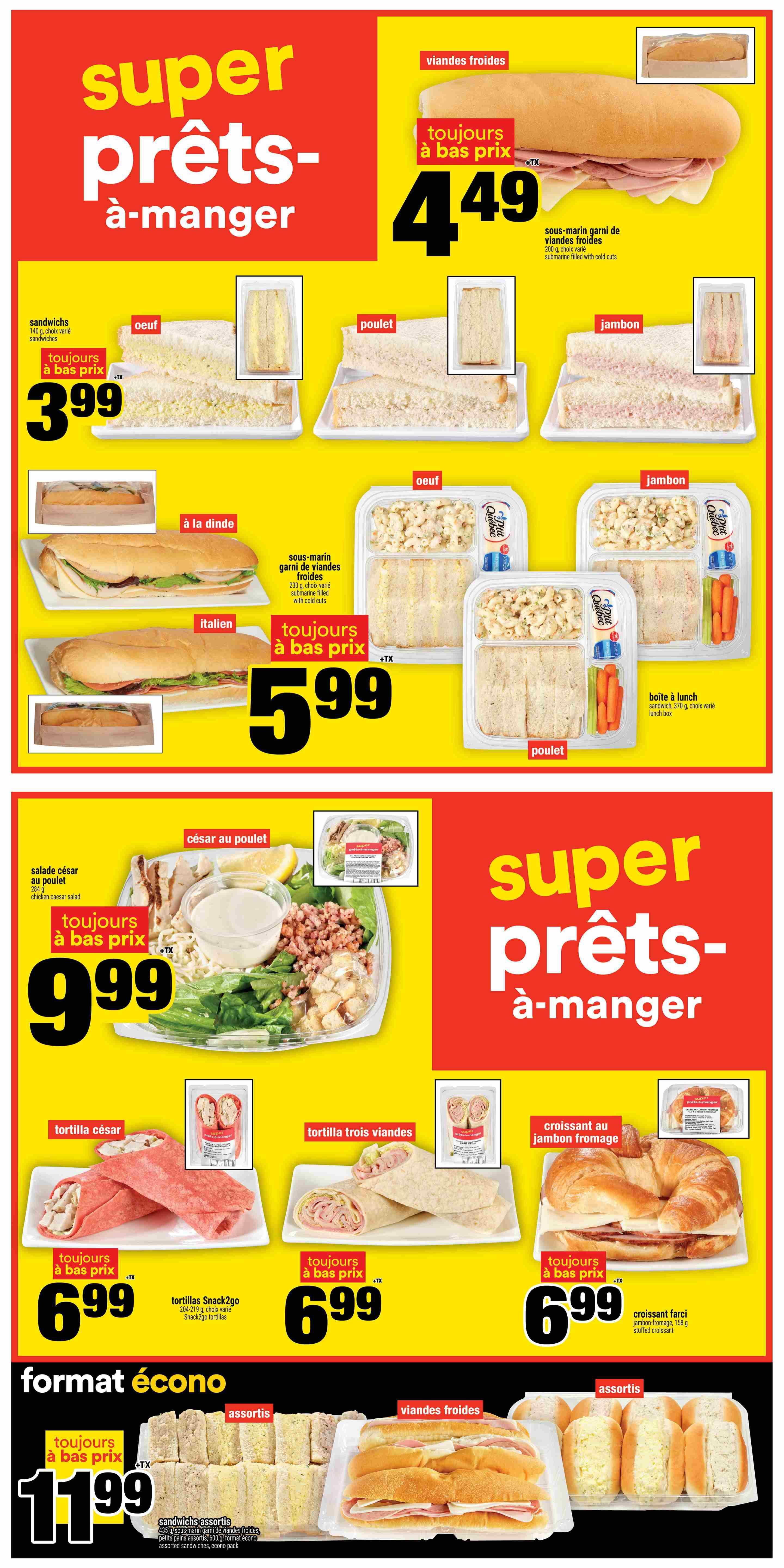 Super C ready-to-eat specials page featuring a variety of sandwiches, wraps, and lunch boxes. Highlights include a cold cuts submarine sandwich for $4.49, egg sandwiches for $3.99, turkey sandwiches for $3.99, and Italian sandwiches for $5.99. Also featured are chicken Caesar salad for $9.99, Snack2go tortillas for $6.99, and a ham and cheese stuffed croissant for $6.99. The bottom section showcases assorted sandwiches and cold cut sandwiches in an economy pack for $11.99.