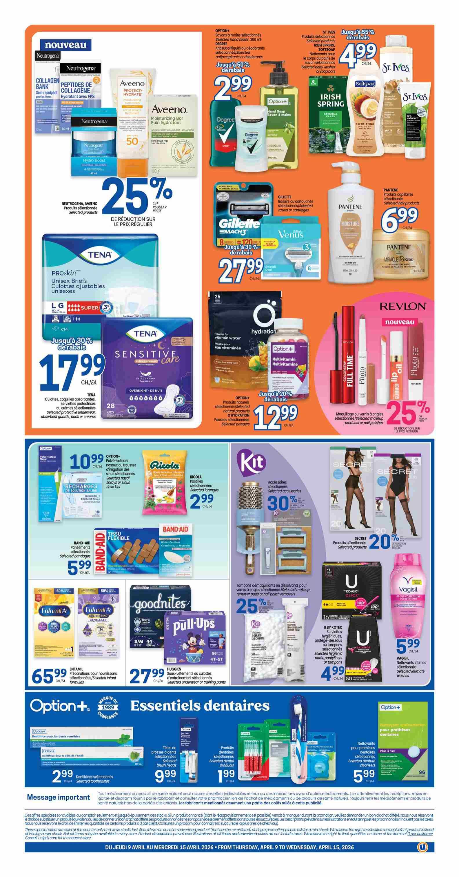 Uniprix weekly flyer specials page 2 featuring a wide range of health and beauty products. Top section highlights Neutrogena Collagen Bank and Hydro Boost moisturizers, Aveeno Moisturizing Bar, and Degree antiperspirant/deodorant, all with 25% off selected products. Also featured are Irish Spring and Softsoap hand soaps, St. Ives body washes, and Pantene hair care products. Below, find TENA absorbent pads and briefs at 30% off, and O Hydration Multivitamin drink mix. Further down, discover Gillette Mach 3 and Venus razors with up to 30% off. Kit accessories like hair brushes and combs are 30% off. Secret women's shapewear is 20% off. Enfamil infant formulas are on sale for $65.99. Goodnites training pants are $27.99. U by Kotex tampons and pads are available, with Vagisil intimate washes for $5.99. The bottom section showcases Option+ dental essentials, including selected toothpastes for $2.99, selected toothbrush heads for $9.99, selected dental products for $1.99, and selected denture cleaners for $5.99. A message regarding special offers and product availability is also included.