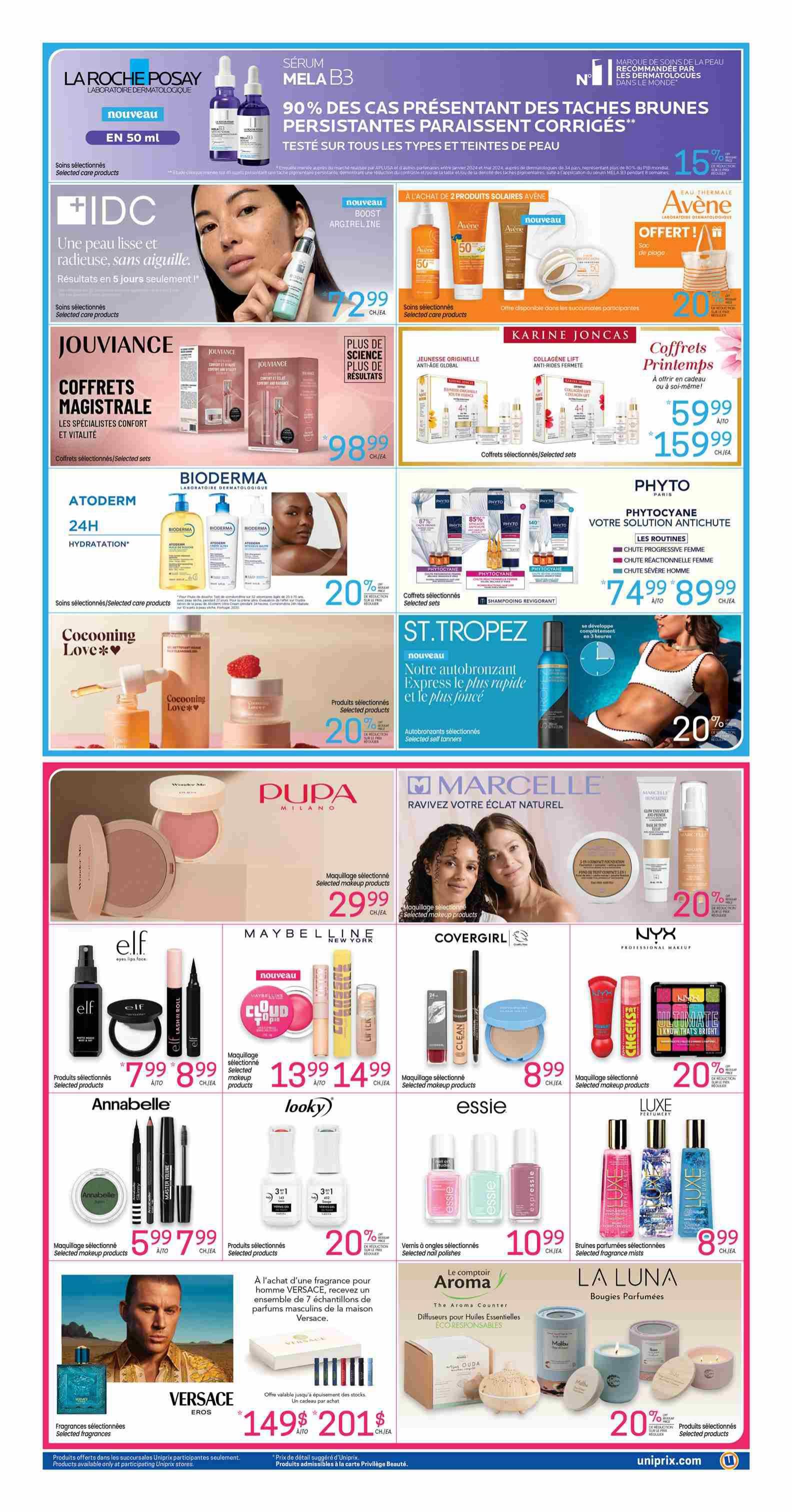 Uniprix Weekly Flyer Specials Page 4. Featured products include La Roche-Posay Mela B3 Serum for $72.99, IDC Boost Argireline for $72.99, and Avène thermal water products with a 20% discount. Jouviance gift sets are available for $98.99. Bioderma Atoderm 24H Hydration products and Cocooning Love products are 20% off. Phyto Phytocyane anti-hair loss treatments for men and women are $74.99 to $89.99. St. Tropez self-tanners are 20% off. Makeup selections from Pupa Milano, Marcelle, Covergirl, and NYX are featured, with Pupa and Marcelle products at $29.99 and Covergirl and NYX products at 20% off. Elf makeup brushes and mascaras are $7.99 to $8.99. Maybelline Cloud Paint and Looky nail polish sets are $13.99 and $14.99 respectively, with Looky products also offering a 20% discount. Annabelle makeup products are $5.99 to $7.99. Essie nail polishes are $10.99. Luxe perfume mists are $8.99. Versace Eros fragrance set is $149 to $201. La Luna scented candles are 20% off. Offers valid from April 9 to April 15, 2026.