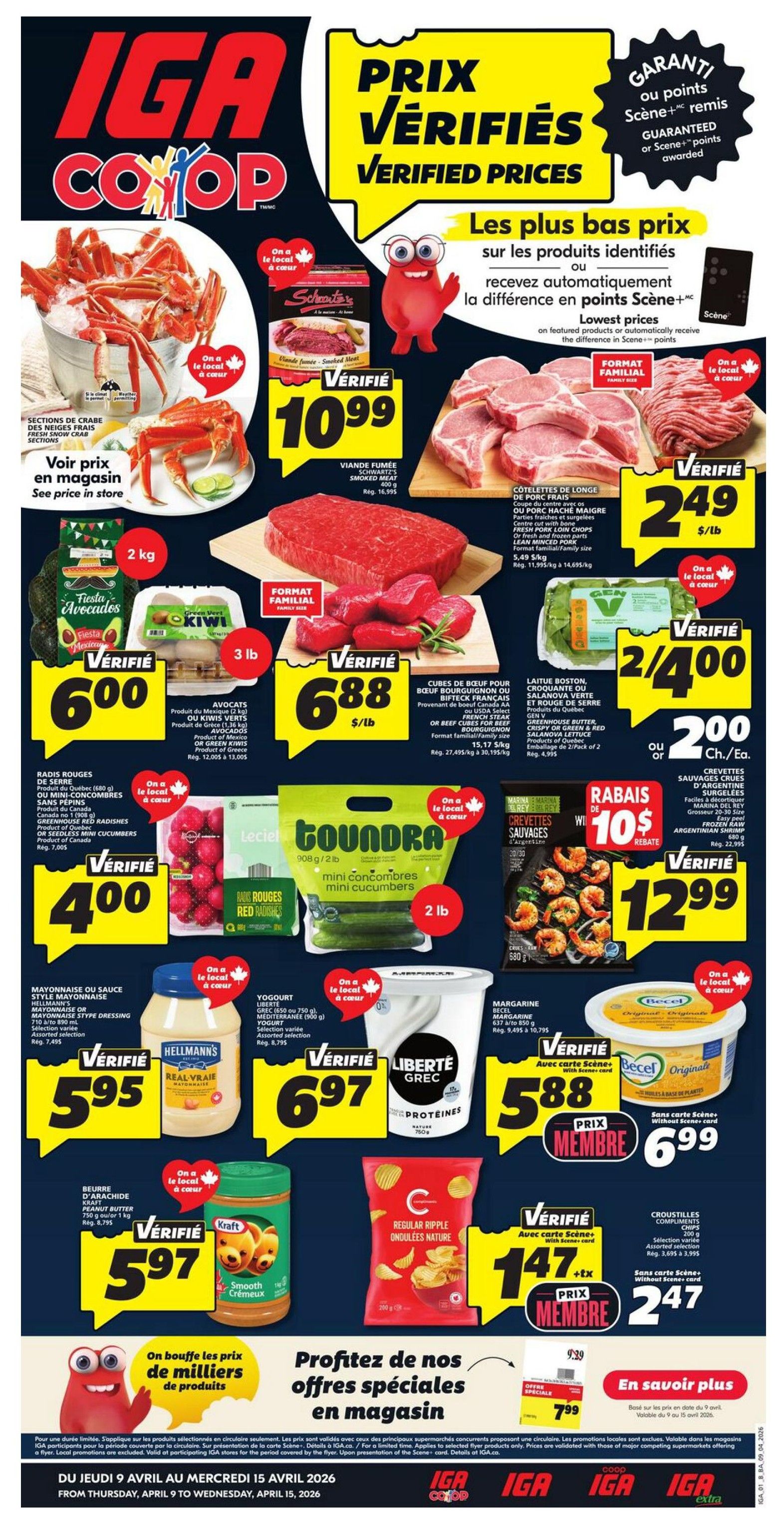 IGA Co-op weekly flyer specials for New Brunswick, valid from Thursday, April 9 to Wednesday, April 15, 2026. Featured items include: Sections of snow crab, see price in store; Scharer's smoked meat for $10.99; family size pork loin chops for $2.49/lb; 2 kg of Fiesta Avocados for $6.00; 3 lb of green or red kiwis for $6.88; beef cubes for $6.88/lb; red radishes from Quebec for $4.00; Goundra mini cucumbers for $2.00 each; Marina & Marine Argentine shrimp for $12.99; Hellmann's mayonnaise for $5.95; Liberté Greek yogurt for $6.97; Becel margarine for $5.88; Kraft smooth peanut butter for $5.97; and Lay's Regular Ripple potato chips for $2.47 with Scene+ card. Also featured is a special offer on a chocolate bar for $0.79.