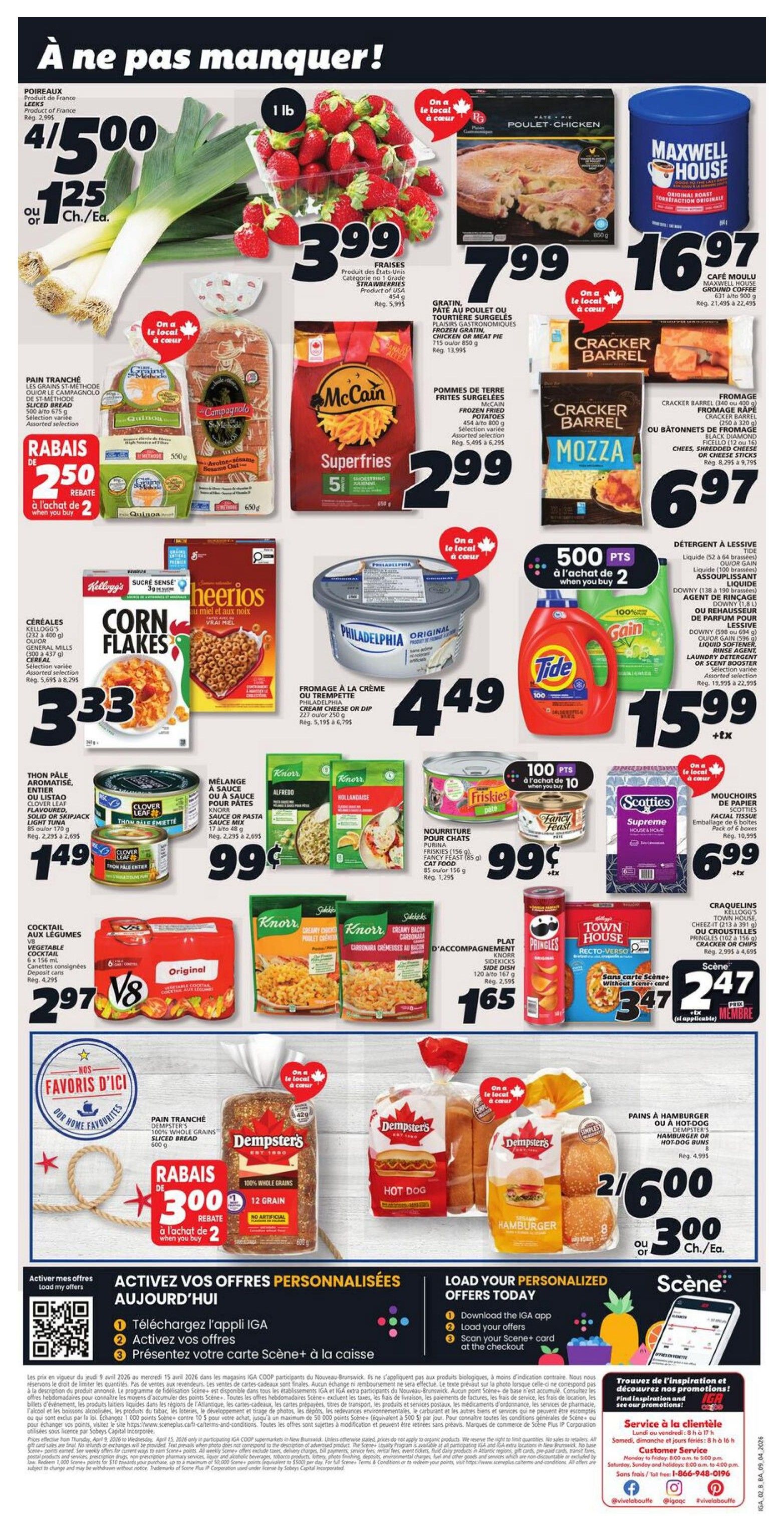 IGA New Brunswick weekly flyer specials page 2 features a variety of grocery items. Highlights include Leeks at 4 for $5.00, Strawberries for $3.99, and a whole Chicken for $7.99. Maxwell House Original Roast Ground Coffee is $16.97. McCain Superfries Frozen Potatoes are $2.99. Philadelphia Cream Cheese or Dip is $4.49. Tide or Gain Liquid Laundry Detergent offers 500 points when you buy 2, priced at $15.99. Other deals include Clover Leaf Flaked Light Tuna for $1.49, Knorr Side Dish or Sauce Mixes for $0.99, Purina Fancy Feast Cat Food for $0.99, and Scotties Facial Tissues for $6.99. Dempster's 100% Whole Grains Bread is on sale for $3.00 when you buy 2, and Dempster's Hot Dog or Hamburger Buns are 2 for $6.00 or $3.00 each. Also featured are Kellogg's Corn Flakes for $3.33, Cracker Barrel Mozzarella Cheese or Sticks for $6.97, V8 Vegetable Cocktail for $2.97, and Town House Crackers or Pringles for $2.47. The page also promotes personalized offers through the IGA app and Scene+ loyalty program.