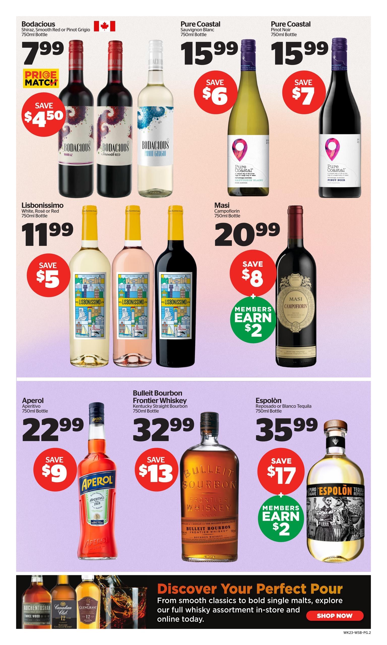 Calgary Co-op Wine Spirits Beer flyer, page 2. Featured products include Bodacious Shiraz, Red or Pinot Grigio 750ml bottle for $7.99, with a price match saving of $4.50. Pure Coastal Sauvignon Blanc 750ml bottle is $15.99, save $6. Pure Coastal Pinot Noir 750ml bottle is $15.99, save $7. Lisbonissimo White, Rosé or Red 750ml bottle is $11.99, save $5. Masi Campofiorin 750ml bottle is $20.99, save $8, and members earn $2. Aperol Aperitivo 750ml bottle is $22.99, save $9. Bulleit Bourbon Frontier Whiskey Kentucky Straight Bourbon 750ml bottle is $32.99, save $13. Espolòn Reposado or Blanco Tequila 750ml bottle is $35.99, save $17, and members earn $2. Discover your perfect pour from smooth classics to bold single malts, explore our full whisky assortment in-store and online today. Shop Now.