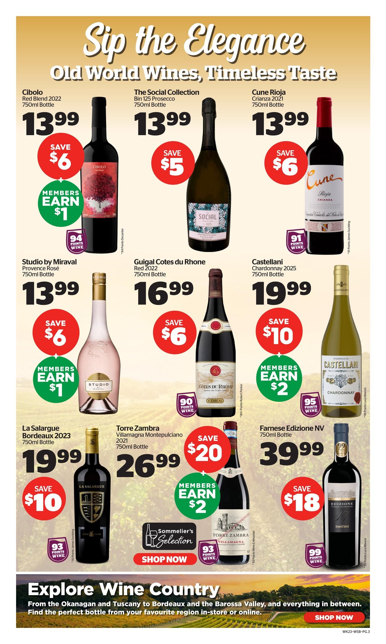 Calgary Co-op Wine Spirits Beer flyer, page 3. Featured Old World Wines include Cibolo Red Blend 2022 for $13.99, save $6, members earn $1. The Social Collection Bin 125 Prosecco 750ml bottle for $13.99, save $5. Cune Rioja Crianza 2021 750ml bottle for $13.99, save $6. Studio by Miraval Provence Rosé 750ml bottle for $13.99, save $6, members earn $1. Guigal Cotes du Rhone Red 2022 750ml bottle for $16.99, save $6. Castellani Chardonnay 2025 750ml bottle for $19.99, save $10, members earn $2. La Salargue Bordeaux 2023 750ml bottle for $19.99, save $10. Torre Zambra Villamagna Montepulciano 2021 750ml bottle for $26.99, save $20, members earn $2. Farnese Edizione NV 750ml bottle for $39.99, save $18. Page also features a 'Sommelier's Selection' with a 'Shop Now' button and an 'Explore Wine Country' section with a 'Shop Now' button.