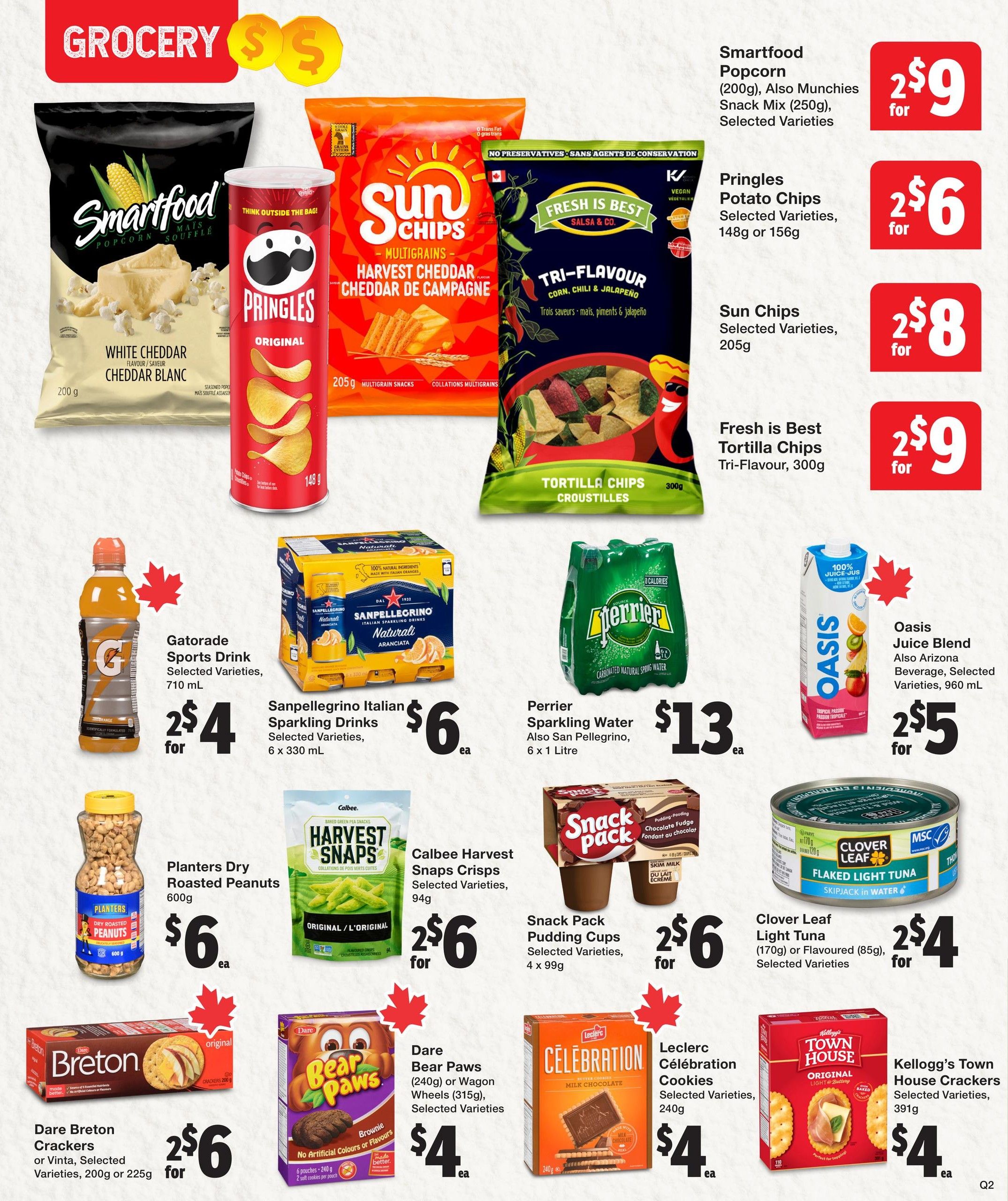 Quality Foods weekly flyer specials page 9 features a variety of grocery items. Smartfood Popcorn (200g) or Munchies Snack Mix (250g) are 2 for $9. Pringles Potato Chips (148g or 156g) are 2 for $6. Sun Chips (205g) are 2 for $8. Fresh is Best Tortilla Chips (300g) are 2 for $9. Gatorade Sports Drink (710 mL) is 2 for $4. Sanpellegrino Italian Sparkling Drinks (6 x 330 mL) are $6 each. Perrier Sparkling Water (6 x 1 Litre) is $13 each, also includes San Pellegrino. Oasis Juice Blend (960 mL) is 2 for $5. Planters Dry Roasted Peanuts (600g) are $6 each. Harvest Snaps Crisps (94g) are 2 for $6. Snack Pack Pudding Cups (4 x 99g) are 2 for $6. Clover Leaf Light Tuna (170g) or Flavoured (85g) is 2 for $4. Dare Breton Crackers or Vinta (200g or 225g) are 2 for $6. Dare Bear Paws (240g) or Wagon Wheels (315g) are $4 each. Leclerc Célébration Cookies (240g) are $4 each. Kellogg's Town House Crackers (391g) are $4 each.