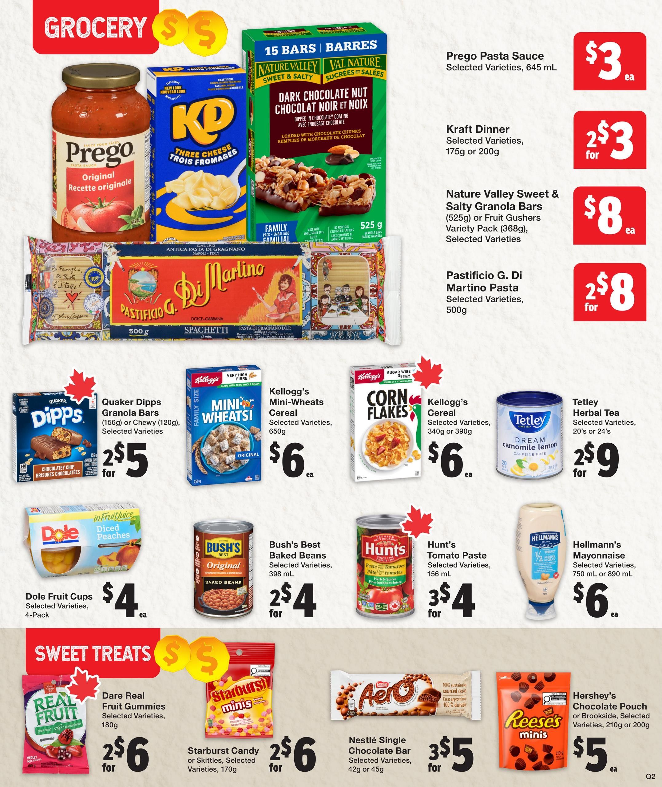 Quality Foods weekly flyer specials page 10 features a variety of grocery items. Top row deals include Prego Pasta Sauce for $3 each, Kraft Dinner for 2 for $3, Nature Valley Sweet & Salty Granola Bars or Fruit Gushers Variety Pack for $8, and Pastificio G. Di Martino Pasta for 2 for $8. Other featured items are Nature Valley Dark Chocolate Nut bars, KD Three Cheese pasta, and Prego Original Pasta Sauce. Middle row deals showcase Quaker Dipps Granola Bars for 2 for $5, Kellogg's Mini-Wheats Cereal for $6, Kellogg's Corn Flakes Cereal for $6, and Tetley Herbal Tea for 2 for $9. Also available are Dole Fruit Cups for $4, Bush's Best Baked Beans for 2 for $4, and Hunt's Tomato Paste for 3 for $4. The 'Sweet Treats' section includes Dare Real Fruit Gummies for 2 for $6, Starburst Candy or Skittles for 2 for $6, Nestlé Single Chocolate Bars for 3 for $5, and Hershey's Chocolate Pouch or Brookside Selected Varieties for $5. Hellmann's Mayonnaise is also on sale for $6.