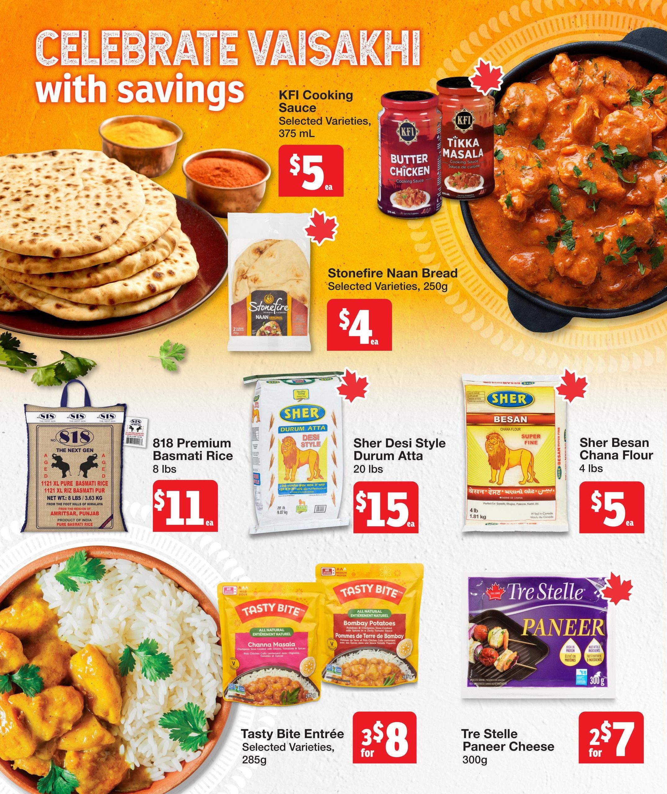 Quality Foods Weekly Flyer Specials page 14, celebrating Vaisakhi with savings. Featured items include KFI Cooking Sauce in Butter Chicken and Tikka Masala varieties for $5 each (375 mL). Stonefire Naan Bread is available in selected varieties for $4 (250g). Also on sale is 818 Premium Basmati Rice, 8 lbs, for $11. Sher Desi Style Durum Atta, 20 lbs, is priced at $15, and Sher Besan Chana Flour, 4 lbs, is $5. Tasty Bite Entrée in selected varieties, 285g, is 3 for $8. Tre Stelle Paneer Cheese, 300g, is 2 for $7.