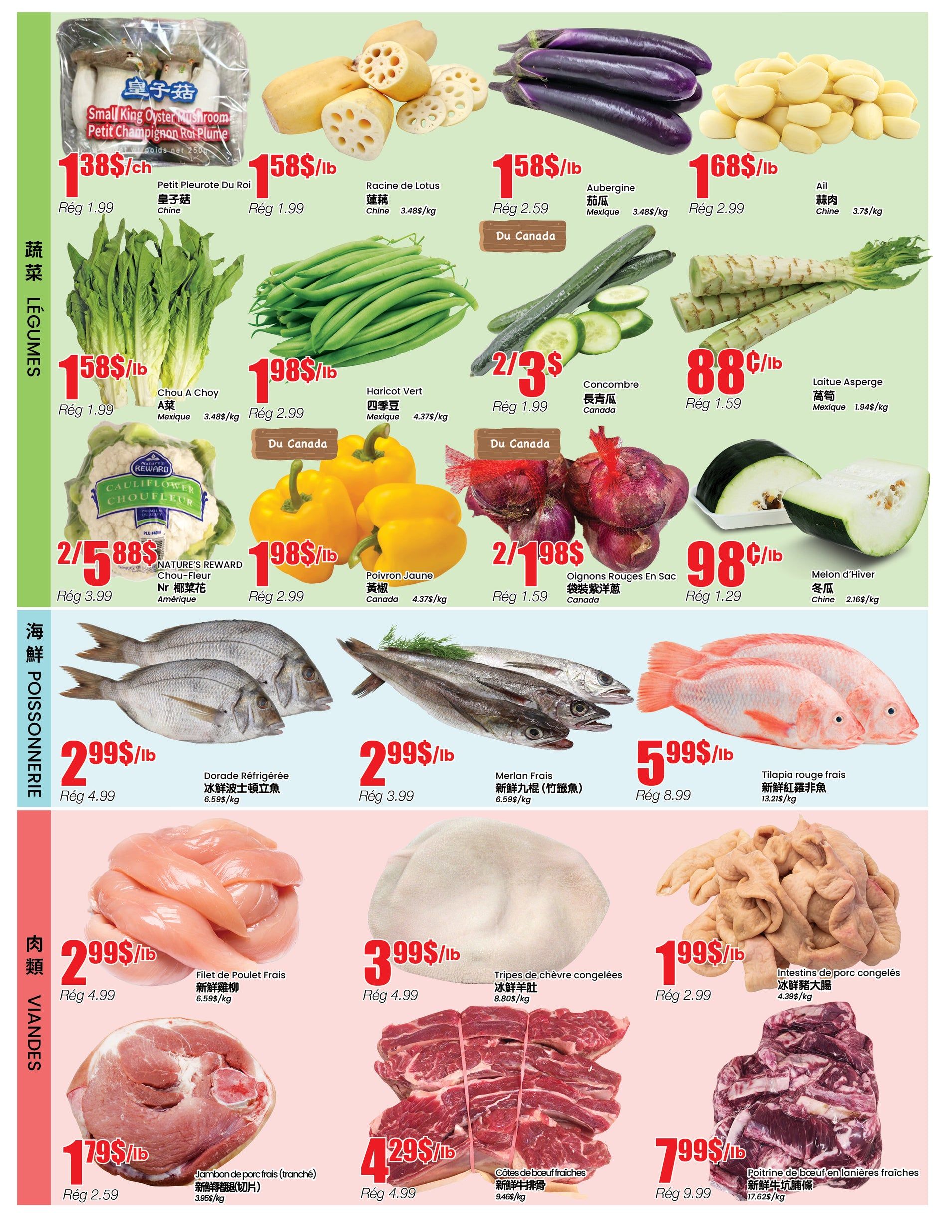 BTrust supermarket weekly flyer specials page 3 features a variety of fresh produce and meats. Produce includes Small King Oyster Mushrooms at $1.38/each, Lotus Root at $1.58/lb, Eggplant at $1.58/lb, Green Beans at $1.98/lb, Chou A Choy lettuce at $1.58/lb, Cucumbers at 2 for $3, Garlic at $1.68/lb, Asparagus at $0.88/lb, Nature's Reward Cauliflower at 2 for $5.88, Yellow Bell Peppers at $1.98/lb, and Red Onions at 2 for $1.98. Seafood options include Dorade Refrigeree (Sea Bream) at $2.99/lb and Merlan Frais (Hake) at $2.99/lb. Meat selections feature Fresh Chicken Breast at $2.99/lb, Frozen Goat Tripe at $3.99/lb, Pork Ham (sliced) at $1.79/lb, Fresh Beef Ribs at $4.29/lb, and Fresh Beef Brisket at $7.99/lb. Prices are valid from April 9 to April 15, 2026.