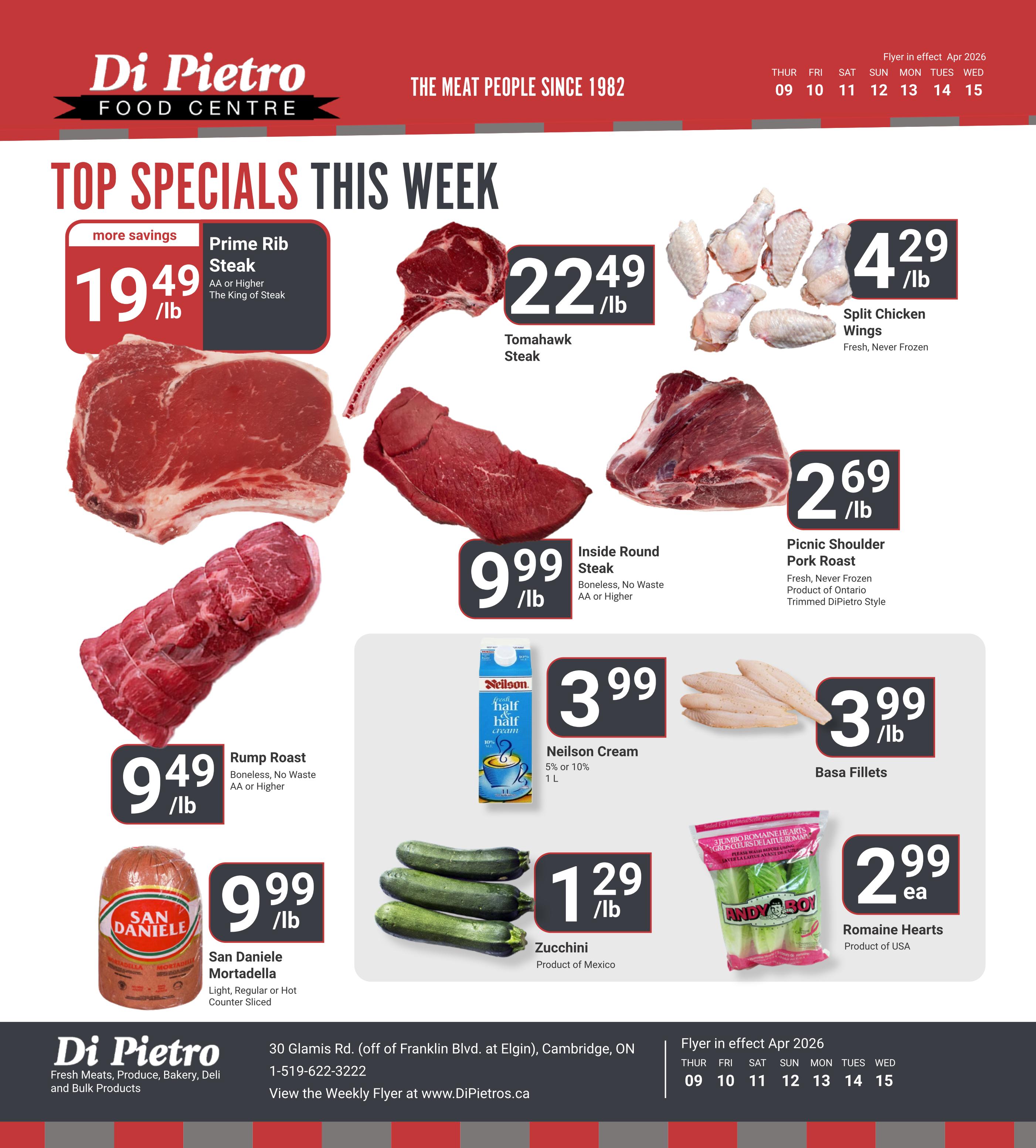 Di Pietro Food Centre Top Specials This Week flyer page featuring Prime Rib Steak at $19.49/lb, Tomahawk Steak at $22.49/lb, Split Chicken Wings (Fresh, Never Frozen) at $4.29/lb, Rump Roast (Boneless, No Waste AA or Higher) at $9.49/lb, Inside Round Steak (Boneless, No Waste AA or Higher) at $9.99/lb, Picnic Shoulder Pork Roast (Fresh, Never Frozen, Trimmed DiPietro Style) at $2.69/lb, San Daniele Mortadella (Light, Regular or Hot Counter Sliced) at $9.99/lb, Neilson Cream (5% or 10%) 1L for $3.99, Basa Fillets at $3.99/lb, Zucchini (Product of Mexico) at $1.29/lb, and Andy Boy Romaine Hearts (3 Jumbo) for $2.99 each. The flyer is in effect from April 9th to April 15th, 2026.