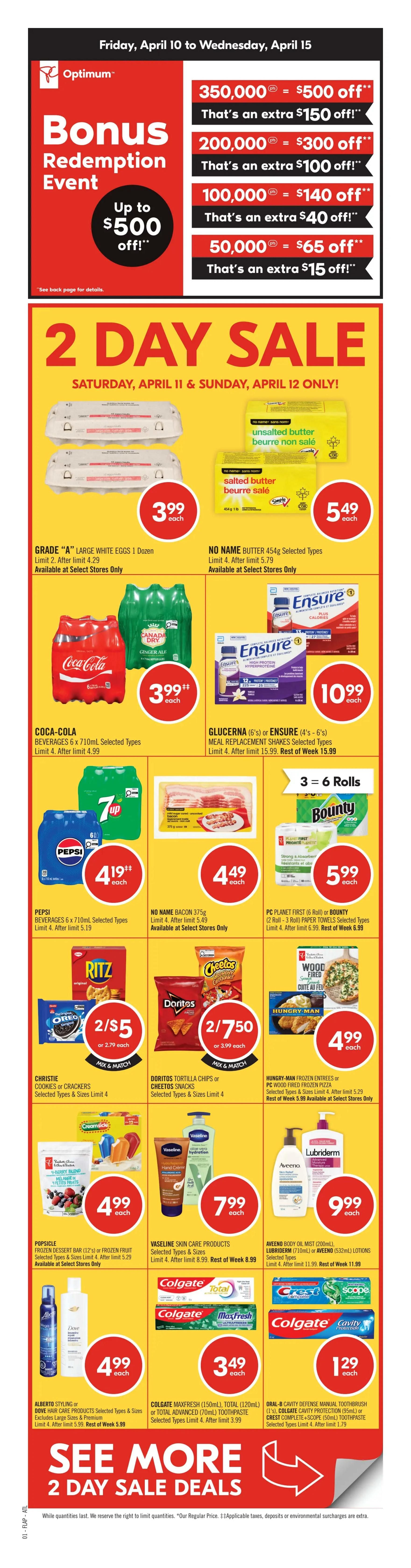 Shoppers Drug Mart Atlantic flyer page 2 features a 2-day sale on Saturday, April 11 and Sunday, April 12. Featured items include Scotsburn Chocolate Milk 1L for $2.49, Wonder White or Whole Wheat Bread 570g for $2.49. Other deals include No Name or PC Organics Peanut Butter 500g/750g for $3.99, Lantic Granulated Sugar 2kg or Icing Sugar 1kg for $2.99, and Gain Fabric Sheets 120s or Cheer Laundry Detergent 1.36L for $4.99. Whole Blends or OGX Hair Care products are $7.99, Aveeno Blend or John Frieda Hair Care products are $8.99, and No Name Double Roll Paper Towels 6 rolls or Lysol Household Cleaner for $3.49. Always Liners, L Ultra Thin or Kotex Pads are $8.99. Life Brand Dental Flossers 150s or Crest 3DWhite Advanced Toothpaste 70mL are $3.99. Sensodyne Manual Toothbrushes 2's or Pronamel Toothpaste 75mL are $7.29. Crest 3DWhite Professional Effects Whitestrips 20's, Listerine Total Care Mouthwash 1.5L, or Oral-B Rechargeable Toothbrush are up to 25% off. Tums Antacid Chewy Bites 54-60s or Tablets 140-160s are $9.99. Gatorade Sport Drink 591mL or Lipton Iced Tea 12 x 340mL are $6.49. Lipton Soup Mix 4's, Campbell's Chunky Soup 515mL, or Stagg Chili 425g are $3.49. Lindt Swiss Classic Chocolate Bar 100g are 2 for $9 or $5.49 each. PC Chocolate Covered Cranberries or Almonds 700g are $13.99. International Delight 425mL, Baileys 400mL, or Silk 473mL Coffee Enhancer are $2.49. Duracell Coppertop AA or AAA Batteries 16's are up to 25% off. Intuit Turbotax Premier Edition Tax Software is $99.99. The flyer also highlights 'Big Brands, Big Savings' from Saturday, April 11 to Thursday, April 16.