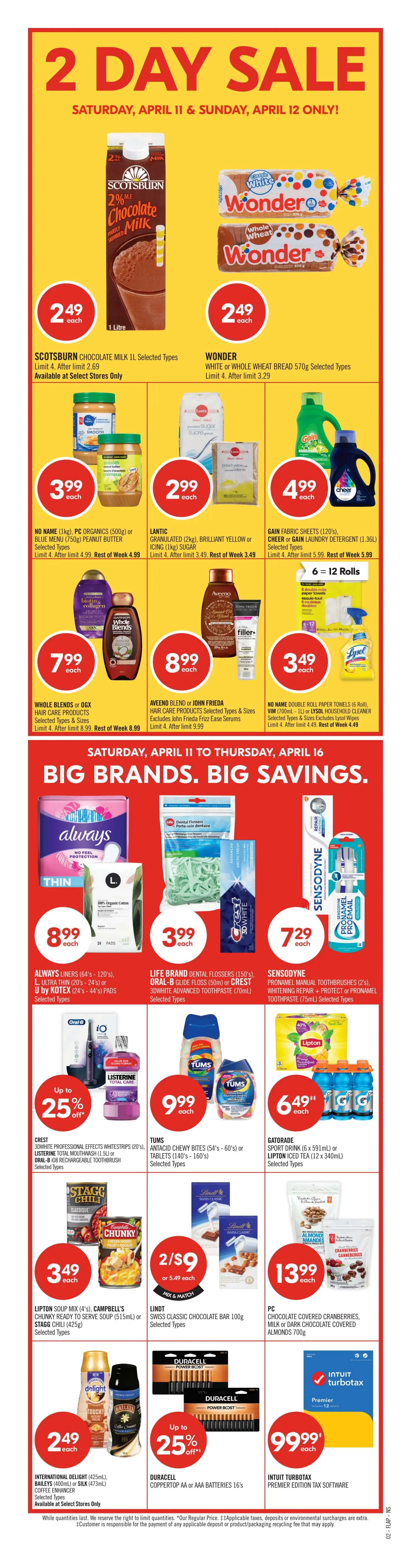 Shoppers Drug Mart Atlantic flyer page 3, valid April 11 to April 16. Features Disney Pixar Animal Friends stickers for $5 each, with a free sticker pack for every $25 spent. Promotions include Nature Valley Chewy Granola Bars 5's for 2/$6, Annie's Macaroni & Cheese 170g for $2.99, General Mills Cheerios Cereal for $4.49, Maxwell House Instant Coffee 150g for $6.99, and Maxwell House Original Roast Ground Coffee 864g or Dark 900g for $15.99. Also featured are Heinz Tomato Ketchup 750ml - 1L for $5.99, Nescafé Gold Instant Coffee 95g - 100g for $8.49, Starbucks Coffee Enhancer 828ml for $7.29, and Starbucks Original Capsules (10's) or Via Instant Sachets (8's) for $9.99. Royale Facial Tissue 4's - 6's are $6.99, and Royale Bathroom Tissue 8 Roll is $4.99 with buy 2 get 1000 points. Royale Velour Facial Tissue with Lotion 54's are $3.29. Bottom section includes Monster Energy Drink 4 x 473ml for $8.49, Snack Factory Pretzel Crisps 150g - 200g for $5.49, Dad's Oatmeal Cookies for $2.79, PC Sparkling Water 12 x 355ml for $5.79, Coca-Cola Beverages 2L for $3.19, Snyder's of Hanover Pretzel Pieces 240g for $3.99, Peek Freans Cookies for $2.79, PC Blue Menu Spreads 500ml for $4.99, PC Blue Menu Microwave Popcorn for $3.99, Dr. Oetker Ristorante or Casa Di Mama Frozen Pizza for 2/$9 or $4.99 each, Cavendish Farms Classic Straight Cut Fries 750g for $4, Catelli Protein+ Pasta 340g for $3.99, Kellogg's Rice Krispies or Kids Cereal for $4, and D'italiano Bread 675g for 2/$7 or $3.99 each.