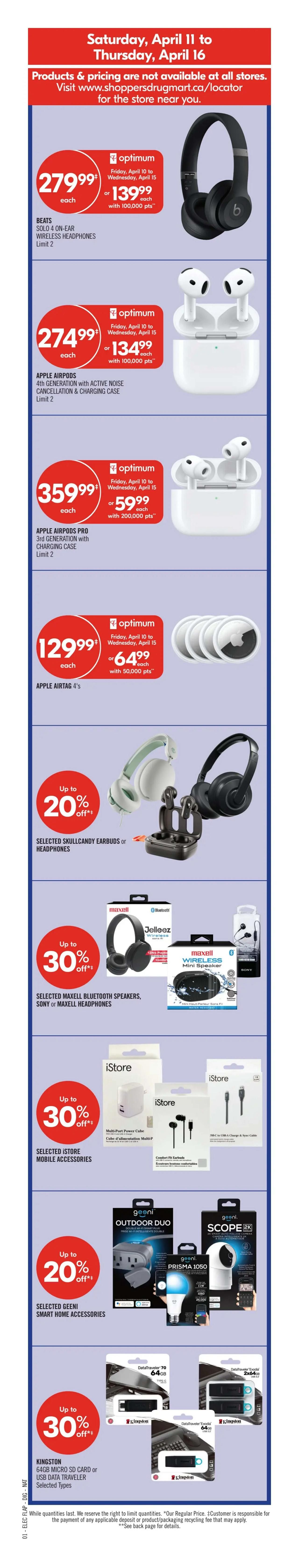 Shoppers Drug Mart Atlantic flyer, page 5, valid April 11 to April 16. Features beauty products and personal care items. Get up to 20% off Maybelline New York Super Stay Glow Tint, NYX Pro Fix Stick Concealer, or Lip L.V. Hydrating Gloss Serum. Covergirl Cheekers Blush, Annabelle Kohl Eyeliner, or Big Show Lip Shine are $6.99 each. L'Oréal Extensionist Panorama Mascara or Haute Precision Liquid Eyeliner is $16.99 each, featuring NEW Extensionist Mascara. Got2b Premium Curled Styling (170g - 425g) or Batiste Premium Dry Shampoo (200ml) is $10.99 each. Gillette Venus ComfortGlide Razor System, Venus Breeze (6's) or SensitiveGlide (4's) Refill Cartridges are $27.99 each, featuring NEW Venus ComfortGlide Razor System. Gillette Moisturizing Shave Oil (228ml), Mach3 or Venus Extra Smooth Razor System is $16.99 each, featuring NEW Moisturizing Shave Oil. Schick Hydro5 Sensitive, Hydro Silk Disposable Razors (2's) or Hydro Refill Cartridges (8's) are up to 20% off, featuring NEW Hydro Silk Ultra Sensitive. While quantities last. We reserve the right to limit quantities. 'Our Regular Price.