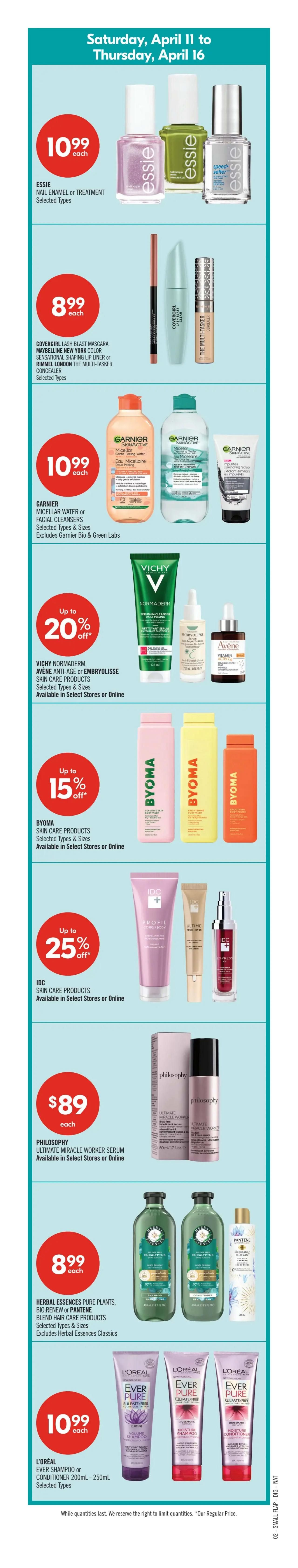 Shoppers Drug Mart Atlantic flyer, Page 7. Features 'Seniors' Day' with 20% off almost all regular priced merchandise with a PC Optimum card or app. Also, get 30,000 PC Optimum points when you open your PC Optimum app and shop on cosmetics, fragrances, skin care & beauty tools. Red Hot Deals include TENA incontinence products for $17.99, Life Brand vitamins up to 40% off, Listerine Antiseptic Mouthwash or Pronamel Toothpaste for $5.79, and Coca-Cola or Pepsi beverages for $3.19. CeraVe or Eucérin skin care products are up to 20% off. Preference Féria or Colorista hair colour is $13.99. L'Oréal Voluminous, Revlon Full Time Mascara or Maybelline New York Fit Me Foundation are $10.99. Wonder Ballpark Hot Dogs (6's) or Hamburger Buns (8's) are $3. Friskies cat food or Fancy Feast wet cat food is $0.90. Live well, save often section includes Always pads for $12.99, Colgate battery toothbrush for $5.99, Old Spice body wash or Gillette clinical spray for $7.99, and Schmidt's Natural deodorant for $7.99. Pampers super boxed diapers are $28.99. Q-Tips cotton swabs are $5.49. Dial body wash or Irish Spring body wash is $4.49. Dove body wash is $6.49. King C. Gillette double edge safety razors, Gillette Mach3 or Fusion refill cartridges are $39.99. Olay cleansing melts or Aveeno positively radiant facial moisturizers are up to 25% off. PC Loads of Raisins or Cheerios cereal are $4.49. Maxwell House instant coffee is $6.99. Tylenol precise cooling cream or acetaminophen pain relief products are $16.99. Aspirin daily low dose or Aleve Naproxen pain relief products are $19.99, with $2 value. Band-Aid bandages are up to 20% off. Polysporin ointment is $27.99. La Roche-Posay skincare products are $8 value when you spend $55 and get 8000 PC Optimum points. Strivectin skin care products are up to 15% off. Q-Tips swabs are $1. Laders Go Pure Fruit & Oat or Oatmeal Bars are $1.88. Planters salted or unsalted whole cashews are $4. Red Bull energy drink is $8.49. The flyer is valid from Friday, April 10 to Thursday, April 16, 2026.