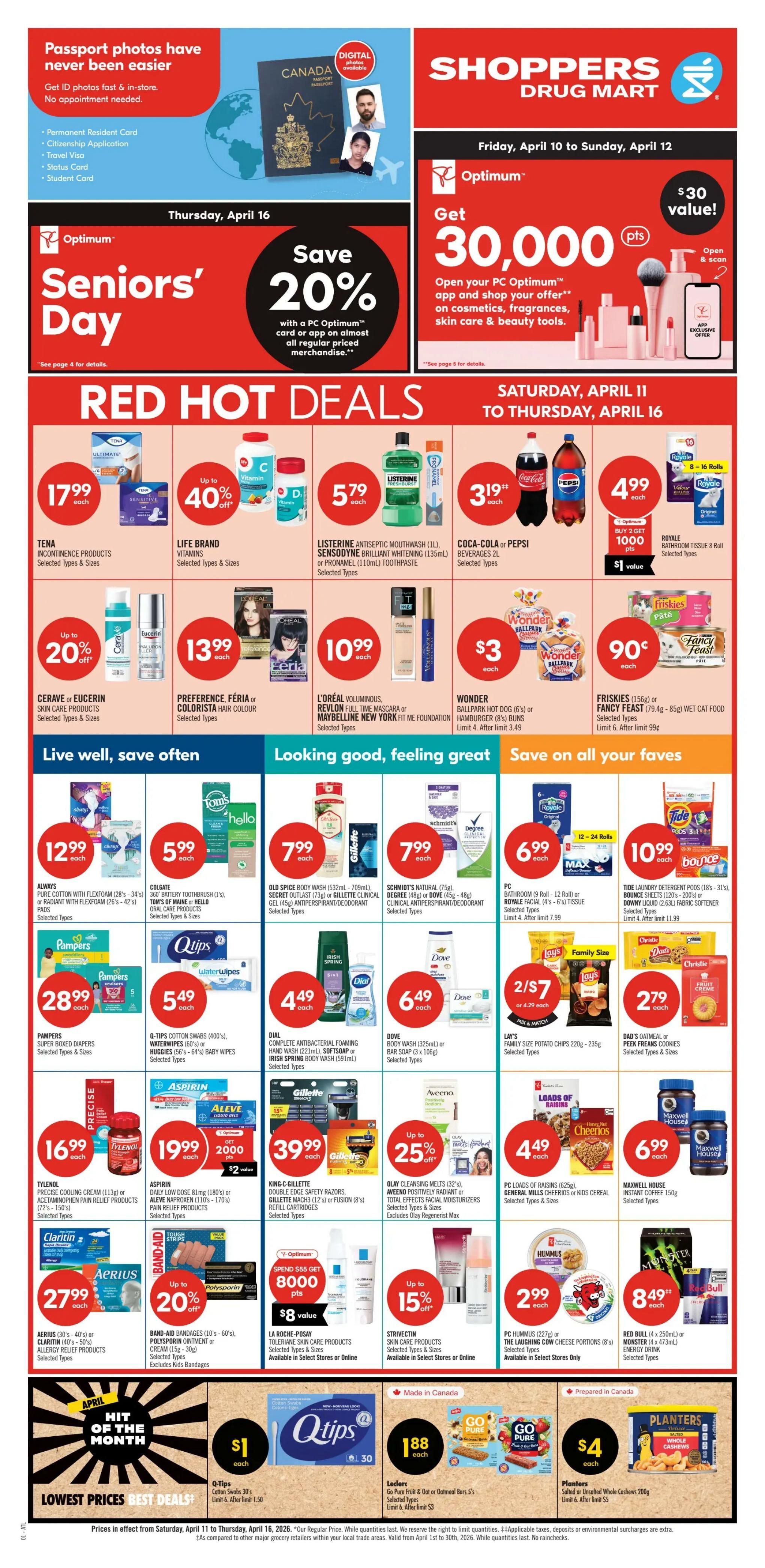 Shoppers Drug Mart Atlantic flyer page 1 features a Bonus Redemption Event with Optimum points offering up to $500 off. Deals include 350,000 points for $500 off (extra $150 off), 200,000 points for $300 off (extra $100 off), 100,000 points for $140 off (extra $40 off), and 50,000 points for $65 off (extra $15 off). The 2-Day Sale on Saturday, April 11 and Sunday, April 12 includes Grade 'A' Large White Eggs (1 dozen) for $3.99 each, No Name Butter (454g) for $5.49 each, Coca-Cola beverages (6 x 710mL) for $3.99 each, and Glucerna or Ensure meal replacement shakes for $10.99 each. Also on sale are Pepsi beverages (6 x 710mL) for $4.19 each, No Name Bacon (375g) for $4.49 each, PC Planet First or Bounty paper towels for $5.99 each. Christie Cookies or Crackers and Doritos Tortilla Chips or Cheetos Snacks are 2 for $5 and 2 for $7.50 respectively. Hungry-Man frozen entrees or PC Wood Fired Pizza are $4.99 each. Popsicle frozen dessert bars (12's) or frozen fruit are $4.99 each. Vaseline skin care products are $7.99 each. Aveeno body oil mist or Lubriderm lotions are $9.99 each. Alberto Styling or Dove hair care products are $4.99 each. Colgate MaxFresh or Total Advanced toothpaste is $3.49 each. Oral-B Cavity Defense manual toothbrush, Colgate Cavity Protection toothpaste, or Crest Complete + Scope toothpaste are $1.29 each. See more 2-day sale deals on the back.