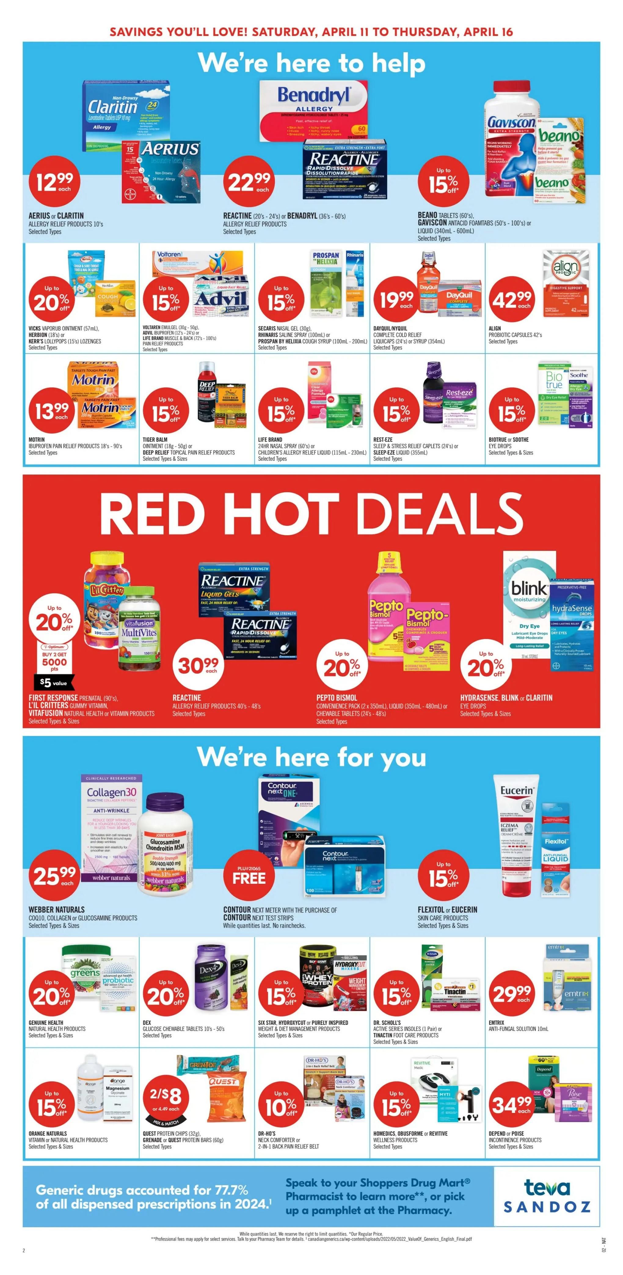 Shoppers Drug Mart Atlantic flyer page 8 features a wide range of health and wellness products. Top deals include Aerius or Claritin Allergy Relief Products for $12.99, Reactine or Benadryl Allergy Relief Products for $22.99, and Gaviscon Antacid Foamtabs or Beano for up to 15% off. Other featured items include Motrin Ibuprofen Pain Relief Products for $13.99, Advil for up to 15% off, DayQuil/NyQuil Complete Cold Relief for $19.99, and Align Probiotic Capsules for $42.99. The 'Red Hot Deals' section highlights First Response Prenatal for up to 20% off with a $5 value Optimum points offer, Reactine Allergy Relief Products for $30.99, and Pepto Bismol Convenience Pack or Liquid for up to 20% off. Hydrasense, Blink, or Claritin Eye Drops are also available for up to 20% off. Further down, Webber Naturals CoQ10, Collagen or Glucosamine Products are $25.99. Contour Next Meter is free with the purchase of Contour Next Test Strips. Flexitol or Eucerin Skin Care Products are up to 15% off. Genuine Health Natural Health Products, Dex Glucose Chewable Tablets, Six Star Hydroxycut or Purely Inspired Weight & Diet Management Products, and Dr. Scholl's Active Series Insoles or Tinactin Foot Care Products are all up to 20% or 15% off. Also featured are Naturals Vitamin or Natural Health Products for up to 15% off, Quest Granola or Quest Protein Bars for 2 for $8, Dr-Ho's Neck Comforter or 2-in-1 Back Pain Relief Belt for up to 10% off, and Homedics, Obusforme or Revitive Wellness Products for up to 15% off. Depend or Poise Incontinence Products are $34.99. The page also includes information about generic drugs and encourages customers to speak to a Shoppers Drug Mart pharmacist.