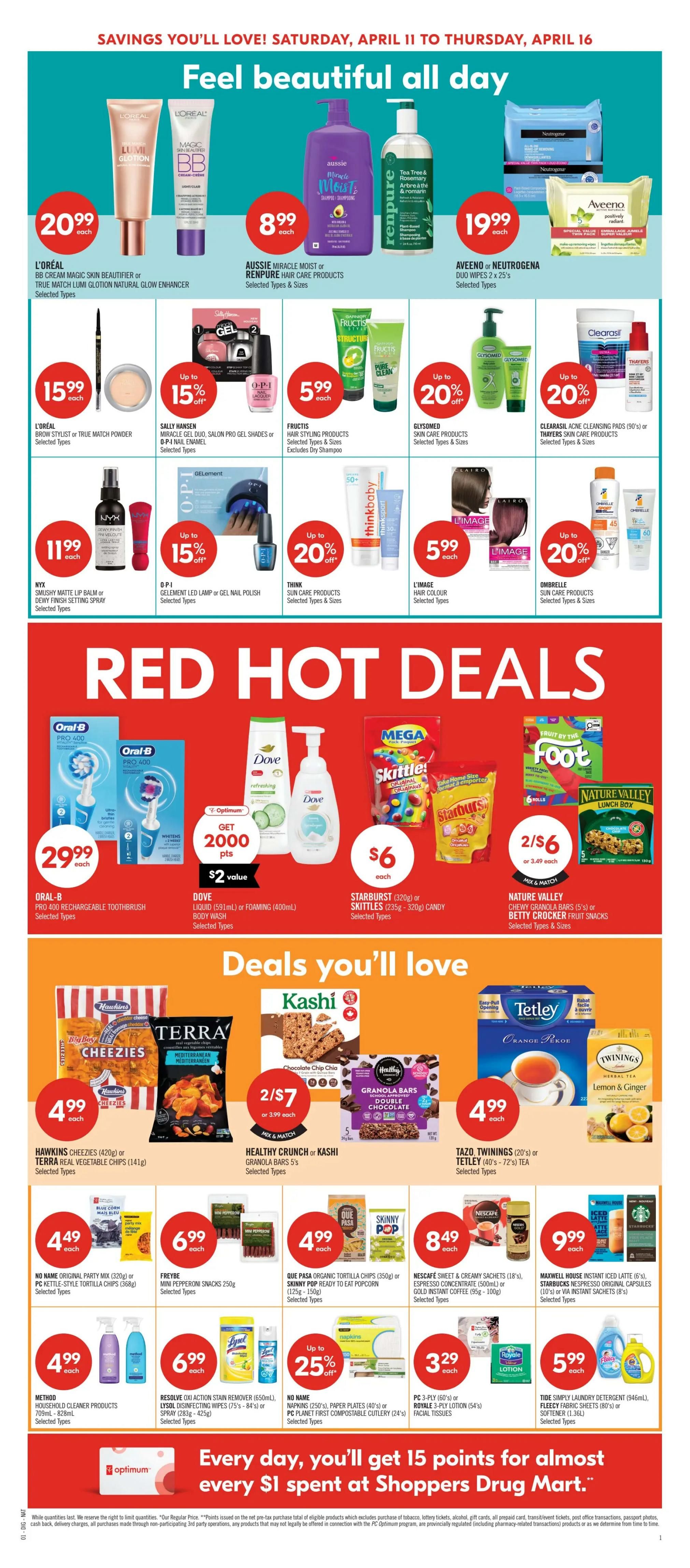 Shoppers Drug Mart Atlantic flyer page 11 featuring beauty and household products. Top section includes L'Oréal BB Cream Magic Skin Beautifier or Lumi Glotion Natural Glow Enhancer for $20.99, Aussie Miracle Moist or Renpure Hair Care Products for $8.99, and Aveeno or Neutrogena Duo Wipes 2 x 25's for $19.99. Also featured are L'Oréal Brow Stylist or True Match Powder for $15.99, Sally Hansen Miracle Gel Duo, Salon Pro Gel Shades or O-P-I Nail Enamel for up to 15% off, Fructis Hair Styling Products for $5.99, Glysomed Skin Care Products for up to 20% off, Clearasil Acne Cleansing Pads or Thayers Skin Care Products for up to 20% off. Further down, NYX Smushy Matte Lip Balm or Dewy Finish Setting Spray is $11.99, O-P-I Gelement LED Lamp or Gel Nail Polish is up to 15% off, Think Sun Care Products are up to 20% off, L'Image Hair Colour is $5.99, and Ombrelle Sun Care Products are up to 20% off. The 'Red Hot Deals' section includes Oral-B Pro 400 Rechargeable Toothbrush for $29.99, Dove Liquid or Foaming Body Wash for $2 value in points, Starburst or Skittles Candy for $6, and Nature Valley Chewy Granola Bars or Betty Crocker Fruit Snacks for 2 for $6. The 'Deals you'll love' section features Hawkins Cheezies or Terra Real Vegetable Chips for $4.99, Healthy Crunch or Kashi Granola Bars 5's for 2 for $7, and Tazo Twinings Tea or Tetley Tea for $4.99. Other deals include No Name Original Party Mix or PC Kettle-Style Tortilla Chips for $4.49, Freybe Mini Pepperoni Snacks for $6.99, Que Pasa Organic Tortilla Chips or Skinny Pop Ready to Eat Popcorn for $4.99, Nescafé Sweet & Creamy Sachets or Espresso Concentrate or Gold Instant Coffee for $8.49, and Maxwell House Instant Iced Coffee or Starbucks Nespresso Original Capsules or Via Instant Sachets for $9.99. Household items include Method Household Cleaner Products for $4.99, Resolve Oxi Action Stain Remover or Lysol Disinfecting Wipes for $6.99, No Name Napkins or PC Paper Plates or PC First Compostable Cutlery for up to 25% off, PC 3-Ply or Royale 3-Ply Lotion Facial Tissues for $3.29, and Tide Simply Laundry Detergent or Fleecy Fabric Sheets or Softener for $5.99. The flyer also highlights earning 15 points for every $1 spent at Shoppers Drug Mart.
