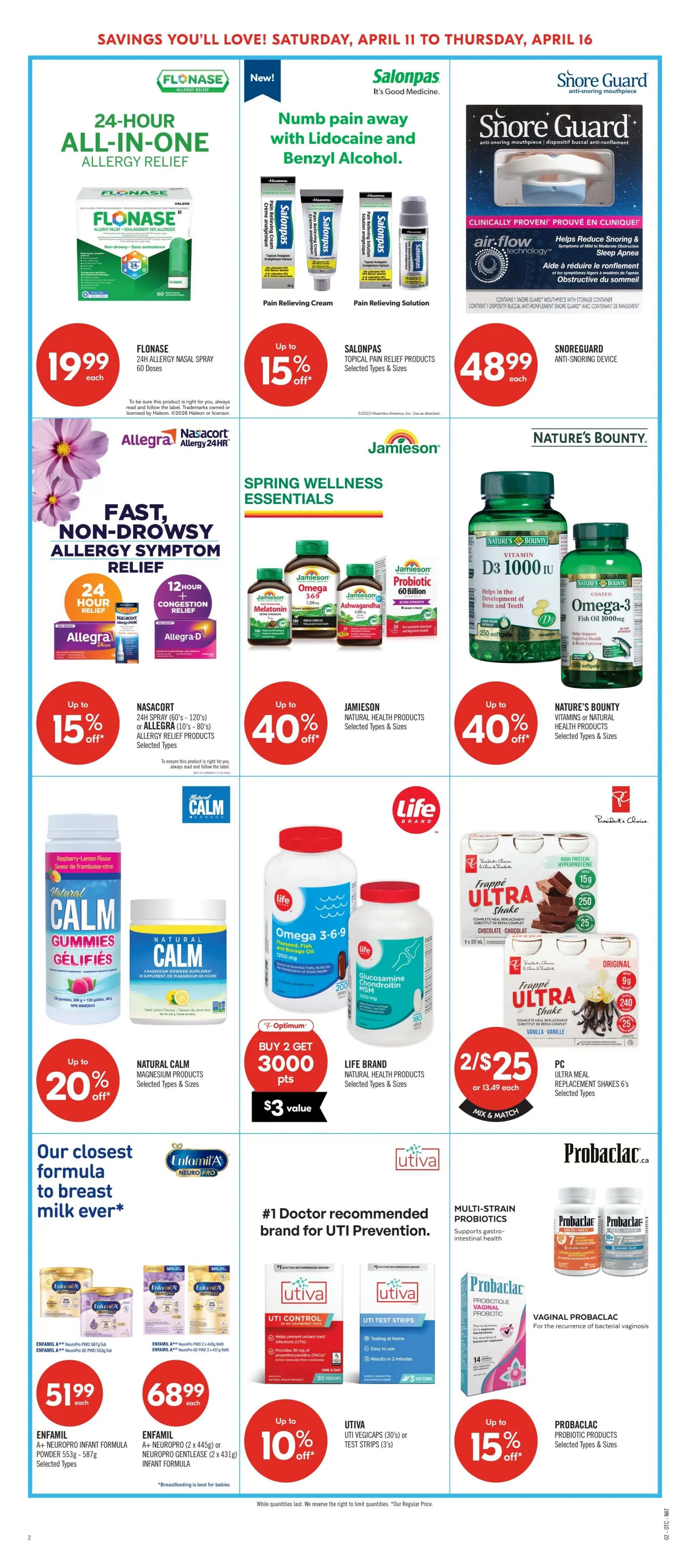 Shoppers Drug Mart Atlantic flyer page 17 features savings from April 11 to April 16. Highlighted products include Flonase 24-Hour All-in-One Allergy Relief nasal spray for $19.99. Salonpas Pain Relieving Cream and Solution are on sale with up to 15% off. Snore Guard anti-snoring mouthpieces are available for $48.99. Spring Wellness Essentials include Jamieson natural health products with up to 40% off, featuring Jamieson Melatonin, Omega 369, and Probiotic Ashwagandha. Nature's Bounty vitamins, including Vitamin D3 1000 IU and Omega-3 Fish Oil 1000mg, are also on sale with up to 40% off. Nasacort 24H Spray or Allegra Allergy Relief products are up to 15% off. Natural Calm Magnesium products are 20% off. Life Brand natural health products, such as Omega 3-6-9 and Glucosamine Chondroitin MSM, are available with a Buy 2 Get 3000 Optimum Points offer, valued at $3. PC Ultra Meal Replacement Shakes (Chocolate and Vanilla) are 2 for $25 or $13.49 each. Enfamil A+ Neuro Pro Infant Formula powders are $51.99 and $68.99 respectively. Utiva UTI Vegicaps or Test Strips are up to 10% off. ProbioclaC probiotic products, including vaginal probiotics, are up to 15% off.