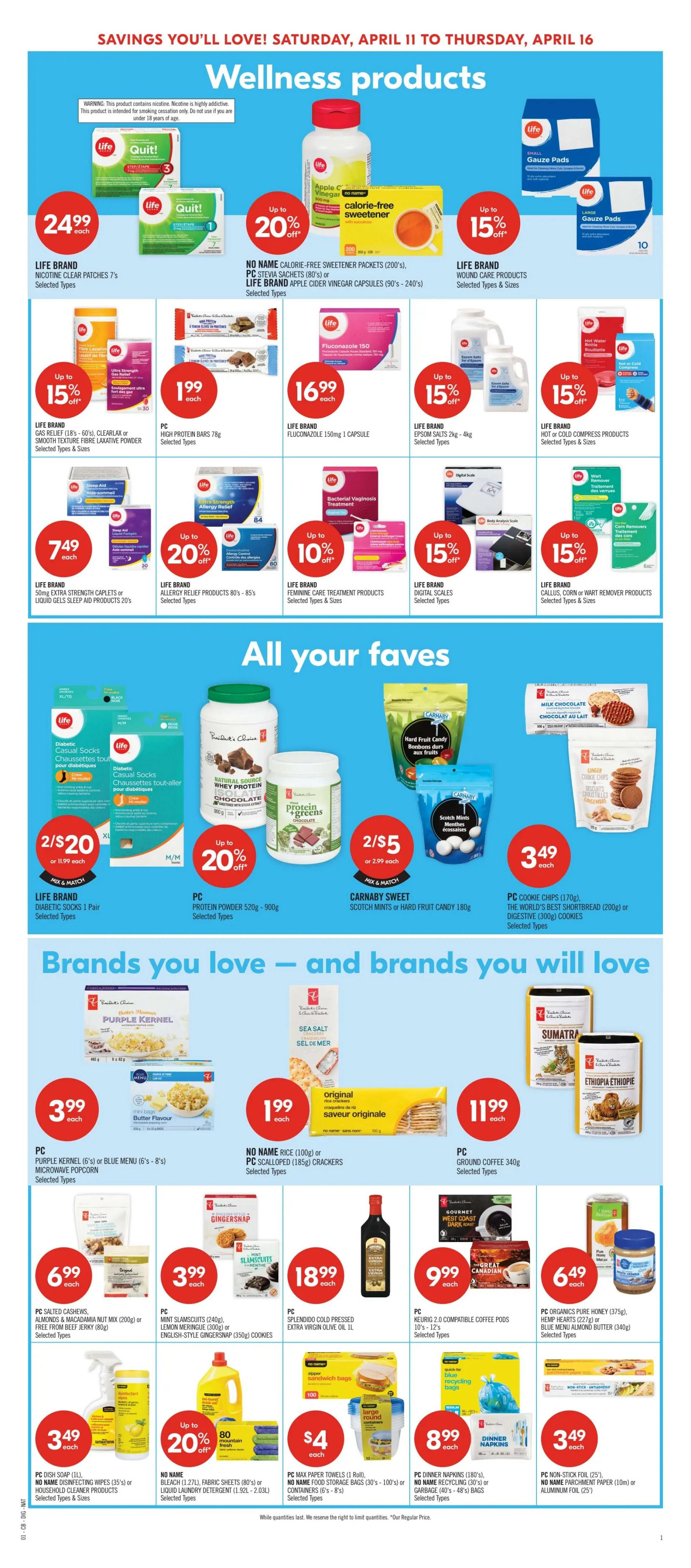 Shoppers Drug Mart Atlantic flyer, page 18, featuring Wellness products and 'All Your Faves' and 'Brands You Love' sections. Wellness products include Life Brand Nicotine Clear Patches 7's for $24.99 each, No Name Calorie-Free Sweetener Packets (200's) or Life Brand Apple Cider Vinegar Capsules (90's-240's) up to 20% off, Life Brand Wound Care Products up to 15% off, and Life Brand Hot or Cold Compress Products up to 15% off. Also featured are PC High Protein Bars 78g for $1.99 each, Life Brand Fluconazole 150mg 1 Capsule for $16.99 each, and Life Brand Epsom Salts 2kg - 4kg selected types. In the 'All Your Faves' section, find Life Brand Diabetic Casual Socks 1 Pair for 2/$20 or $11.99 each, PC Protein Powder 520g - 900g selected types up to 20% off, and Carnaby Sweet Scotch Mints or Hard Fruit Candy 180g for 2/$5 or $2.99 each. The 'Brands You Love' section showcases PC Purple Kernel (6's) or Blue Menu Microwave Popcorn (6's-8's) for $3.99 each, No Name Rice (100g) or PC Scalloped Crackers (185g) for $1.99 each, PC Ground Coffee 340g for $11.99 each, PC Salted Cashews, Almonds & Macadamia Nut Mix (200g) or Peanut Free Jelly (80g) for $6.99 each, PC Mint Slamsucuits (240g), Lemon Meringue (200g) or English-Style Gingersnap Cookies for $3.99 each, PC Splendido Cold Pressed Extra Virgin Olive Oil 1L for $18.99 each, PC Keurig 2.0 Compatible Coffee Pods 12's - 12's for $9.99 each, and PC Organics Pure Honey (375g), Hemp Hearts (227g) or Creamy Almond Butter (340g) for $6.49 each. Also available are PC Dish Soap (1L) or No Name Disinfecting Wipes (35's) or Household Planet Products for $3.49 each, No Name Bleach (1.27L), Fabric Sheets (80's) or Laundry Sundry Detergent (1.32L - 2.03L) up to 80% off, PC Paper Towels (1 Roll) for $4, No Name Food Storage Bags (30's - 100's) or Containers (6's - 8's) selected types, PC Dinner Napkins (180's) or No Name Recycling Bags (30's) or Garbage Bags (40's - 48's) for $8.99 each, and PC Non-Stick Foil (25') or No Name Parchment Paper (10m) or Aluminum Foil (25') for $3.49 each.