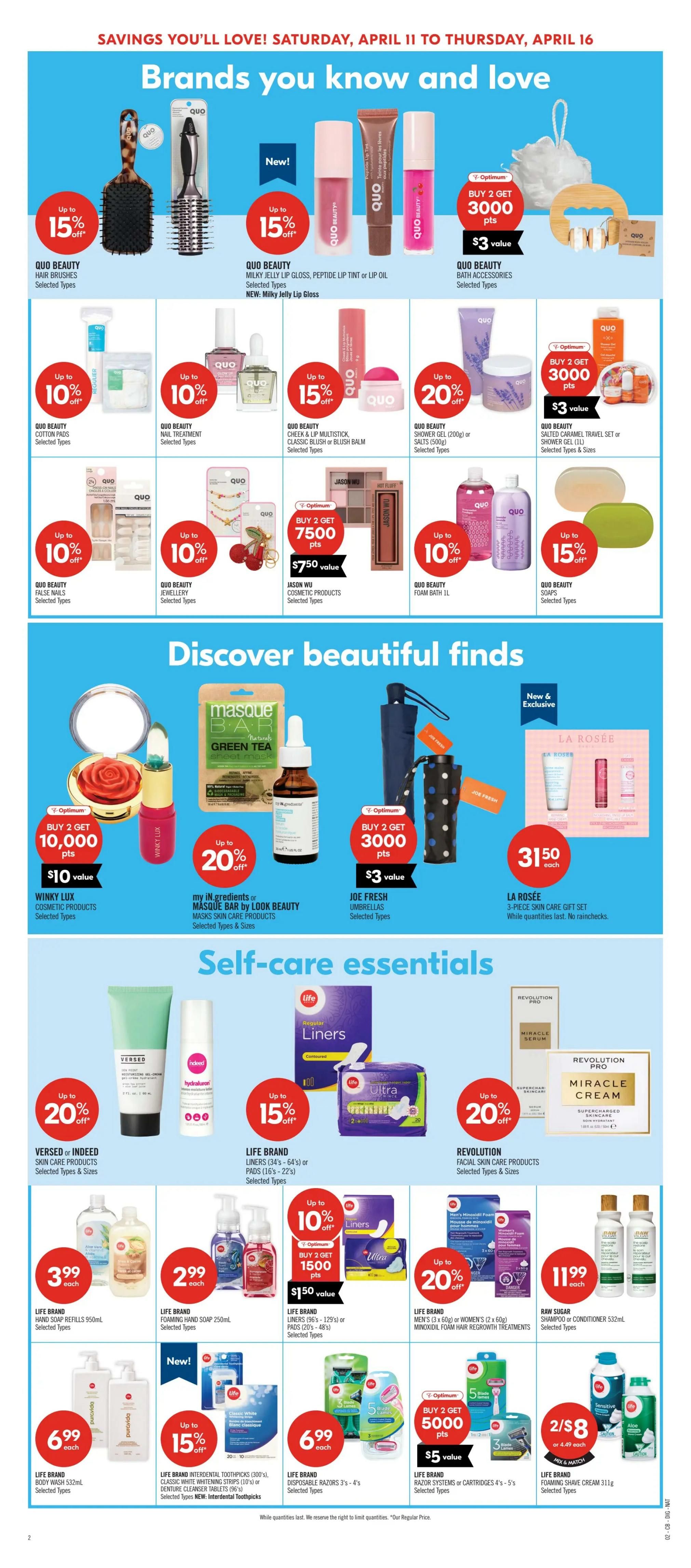 Shoppers Drug Mart Atlantic flyer page 19 features 'Brands you know and love' and 'Discover beautiful finds' sections. Promotions include QUO BEAUTY HAIR BRUSHES with up to 15% off, QUO BEAUTY LIP GLOSS, PEPTIDE LIP TINT or LIP OIL with up to 15% off, QUO BEAUTY BATH ACCESSORIES with buy 2 get 3000 Optimum points ($3 value), QUO BEAUTY COTTON PADS with up to 10% off, QUO BEAUTY NAIL TREATMENT with up to 10% off, QUO BEAUTY CHEEK & LIP MULTISTICK, CLASSIC BLUSH or BLUSH BALM with up to 15% off, QUO BEAUTY SHOWER GEL (200g) or SALTS (500g) with up to 20% off, QUO BEAUTY FALSE NAILS with up to 10% off, QUO BEAUTY JEWELLERY with up to 10% off, JASON WU COSMETIC PRODUCTS with buy 2 get 7500 Optimum points ($7.50 value), QUO BEAUTY FOAM BATH 1L with up to 10% off, and QUO BEAUTY BATH ACCESSORIES with buy 2 get 3000 Optimum points ($3 value). The 'Discover beautiful finds' section highlights WINKY LUX COSMETIC PRODUCTS with buy 2 get 10,000 Optimum points ($10 value), my IN.gredients or MASQUÉ BAR BY LOOK BEAUTY MASKS SKIN CARE PRODUCTS with up to 20% off, JOE FRESH UMBRELLAS with buy 2 get 3000 Optimum points ($3 value), and LA ROSÉE 3-PIECE SKIN CARE GIFT SET for $31.50 each. The 'Self-care essentials' section includes VERSED OR INDEED SKIN CARE PRODUCTS with up to 20% off, LIFE BRAND LINERS (34's-64's) or PADS (16's-22's) with up to 15% off, REVOLUTION FACIAL SKIN CARE PRODUCTS with up to 20% off, LIFE BRAND HAND SOAP REFILLS 950mL for $3.99 each, LIFE BRAND FOAMING HAND SOAP 250mL for $2.99 each, LIFE BRAND LINERS (56's-128's) or PADS (48's) with buy 2 get 1500 Optimum points ($1.50 value), LIFE BRAND MEN'S (3 x 60g) or WOMEN'S (2 x 60g) MINK OIL FOAM HAIR REGROWTH TREATMENTS with up to 20% off, RAW SUGAR SHAMPOO OR CONDITIONER 532mL for $11.99 each, LIFE BRAND BODY WASH 532mL for $6.99 each, LIFE BRAND INTERDENTAL TOOTHPICKS (300's), CLASSIC WHITE WASHING STRIPS (10's) or DENTURE CLEANSER TABLETS (96's) NEW: Interdental Toothpicks for $6.99 each, LIFE BRAND DISPOSABLE RAZORS 3's-4's for $6.99 each, LIFE BRAND RAZOR SYSTEMS or CARTRIDGES 4's-5's with buy 2 get 5000 Optimum points ($5 value), and LIFE BRAND FOAMING SHAVE CREAM 311g for 2 for $8.