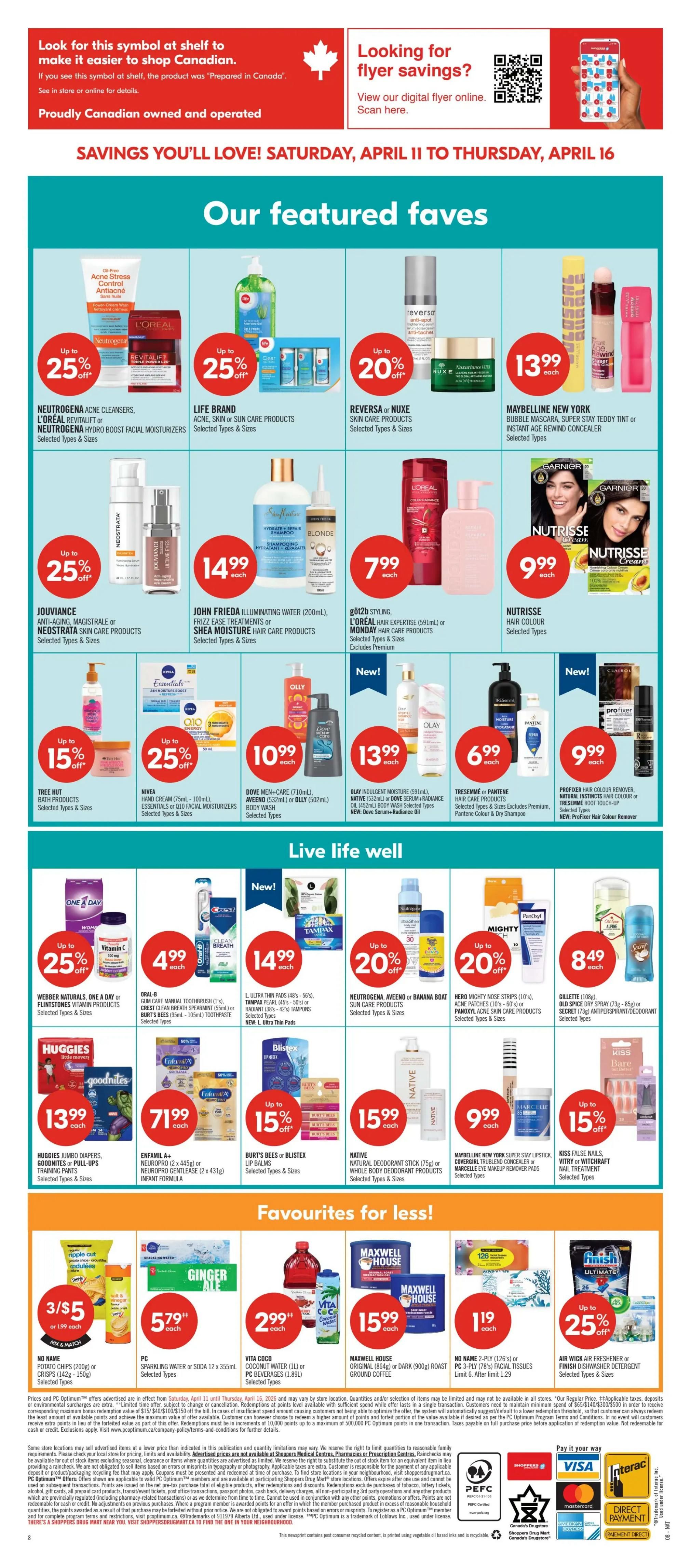 Shoppers Drug Mart Atlantic flyer, page 22 of 22, featuring 'Our featured faves' and 'Live life well' sections. Deals include up to 25% off Neutrogena Acne Cleansers, L'Oréal Revitalift, and Neutrogena Hydro Boost Facial Moisturizers; up to 25% off Life Brand Acne, Skin or Sun Care Products; up to 20% off Reversa or Nuxe Skin Care Products; and Maybelline New York Bubble Mascara, Super Stay Teddy Tint or Instant Age Rewind Concealer for $13.99. Also featured are Jouviance, Neostrata Skin Care Products at up to 25% off, John Frieda Illuminating Water, Frizz Ease Treatments or Shea Moisture Hair Care Products for $14.99, and Göt2b Styling, L'Oréal Hair Expertise or Monday Hair Care Products for $7.99. Live life well offers include up to 25% off Webber Naturals, One A Day or Flintstones Vitamin Products, up to 25% off Nivea Hand Cream, Essentials or Q10 Facial Moisturizers for $9.99, Dove Men+Care or Aveeno or Billy Body Wash for $10.99, and Olay Indulgent Moisture or Dove Serum-Radiance Oil for $13.99. Other deals include up to 20% off L. Ultra Thin Pads, Tampax Pearl or Always Tampons for $14.99, up to 20% off Neutrogena, Aveeno or Banana Boat Sun Care Products, up to 20% off Hero Mighty Nose Strips or Panoxyl Acne Skin Care Products, and Gillette Old Spice Dry Spray for $8.49. 'Favourites for less!' section includes No Name Potato Chips for 3/$5, PC Sparkling Water or Soda for $5.79, Vita Coco Coconut Water or PC Beverages for $2.99, Maxwell House Original or Dark Ground Coffee for $15.99, No Name Facial Tissues for $1.19, and Air Wick Freshner or Finish Dishwasher Detergent at up to 25% off. The flyer is valid from Saturday, April 11 to Thursday, April 16.