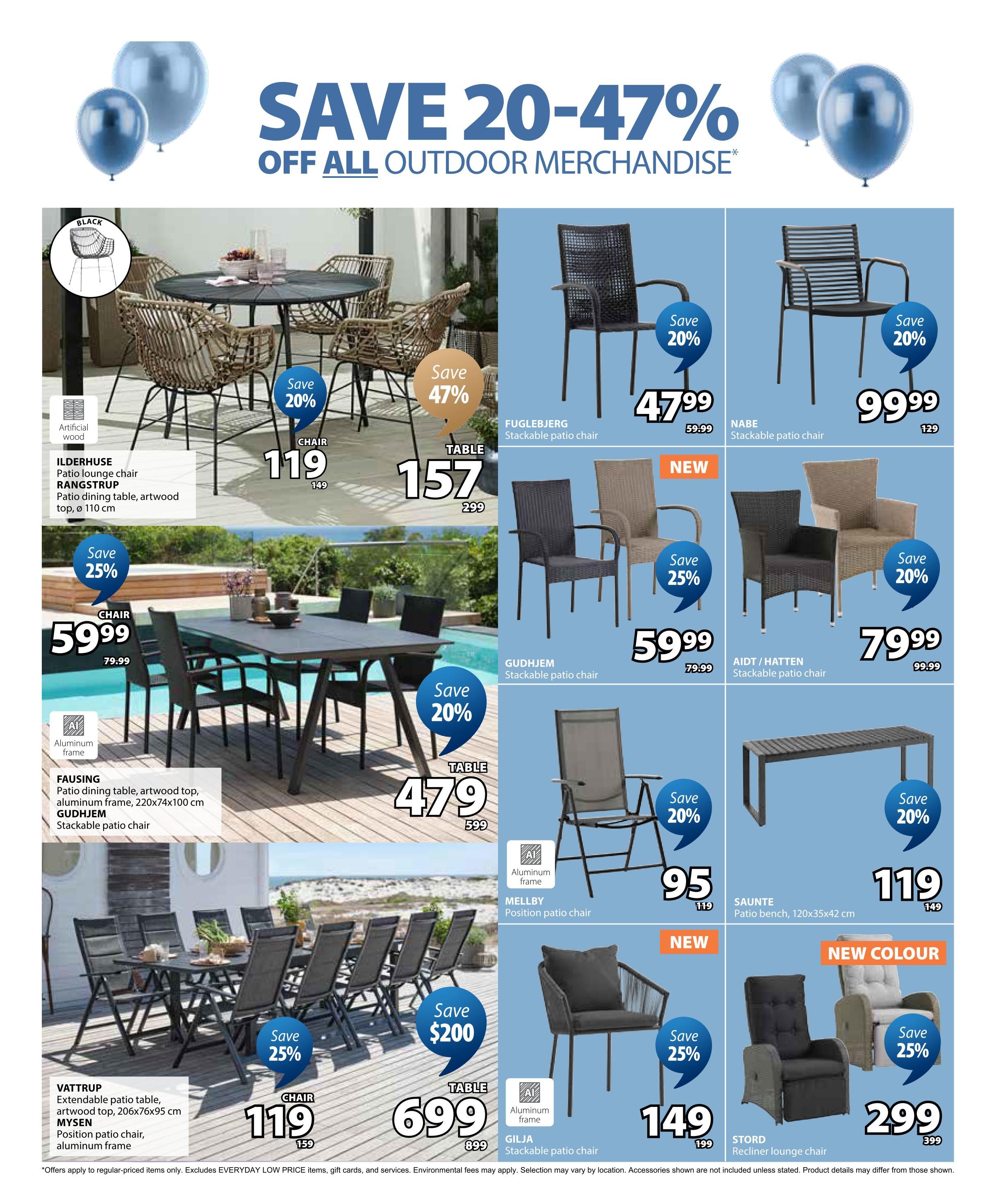 Jysk flyer page 5 features savings of 20-47% off all outdoor merchandise. Featured items include the ILDERHUSE patio lounge chair for $119 (save 20%, was $149) and the RANGSTRUP patio dining table with artwood top, 110 cm diameter, for $157 (save 47%, was $299). The FUGLBJERJG stackable patio chair is $47.99 (save 20%, was $59.99). The Nabe stackable patio chair is $99.99 (was $129). The FAUSING patio dining table with artwood top and aluminum frame, 220x74x100 cm, is $479 (save 20%, was $599), with the GUDHJEM stackable patio chair also available. The AIDT/HATTEN stackable patio chair is $59.99 (save 25%, was $79.99). The VATTRUP extendable patio table with artwood top, 206x76x95 cm, is $119 (save 25%, was $159), with the MYSEN position patio chair with aluminum frame. The MELLBY position patio chair is $95 (save 20%, was $119). The SAUNTE patio bench, 120x35x42 cm, is $119 (save 20%, was $149). The GILJA stackable patio chair is $149 (save 25%, was $199). The new colour STORD recliner lounge chair is $299 (save 25%, was $399).