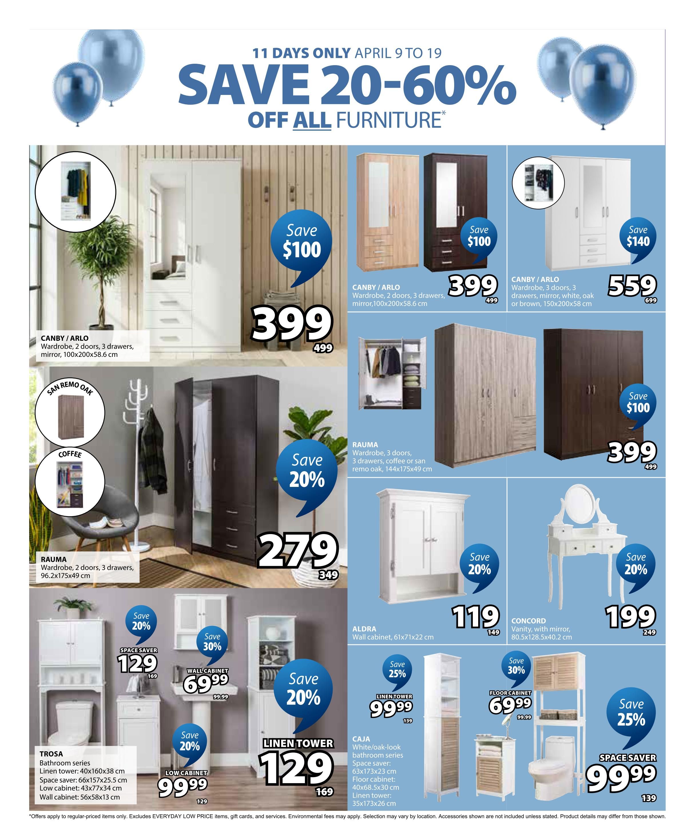 Jysk flyer page 17 features a wide selection of furniture with savings of 20-60% off. Featured items include the CANBY/ARLO wardrobe with 2 doors and 3 drawers, available in mirror, white, oak, or brown, for $399 (save $100) or $559 (save $140) depending on size. The RAUMA wardrobe with 2 doors and 3 drawers is $279 (save 20%). Also available are the ALDRA wall cabinet for $119 (save 20%), CONCORD vanity with mirror for $199 (save 20%), and various bathroom storage solutions from the TROSA series including a linen tower for $129 (save 20%), space saver for $129 (save 20%), low cabinet for $99.99 (save 20%), and wall cabinet for $69.99 (save 30%). Additional storage options include the CAJA white/oak-look bathroom series with a floor cabinet for $69.99 (save 30%) and a linen tower for $99.99 (save 25%), and a SPACE SAVER unit for $99.99 (save 25%). Offers apply to regular-priced items only, excluding EVERYDAY LOW PRICE items, gift cards, and services.