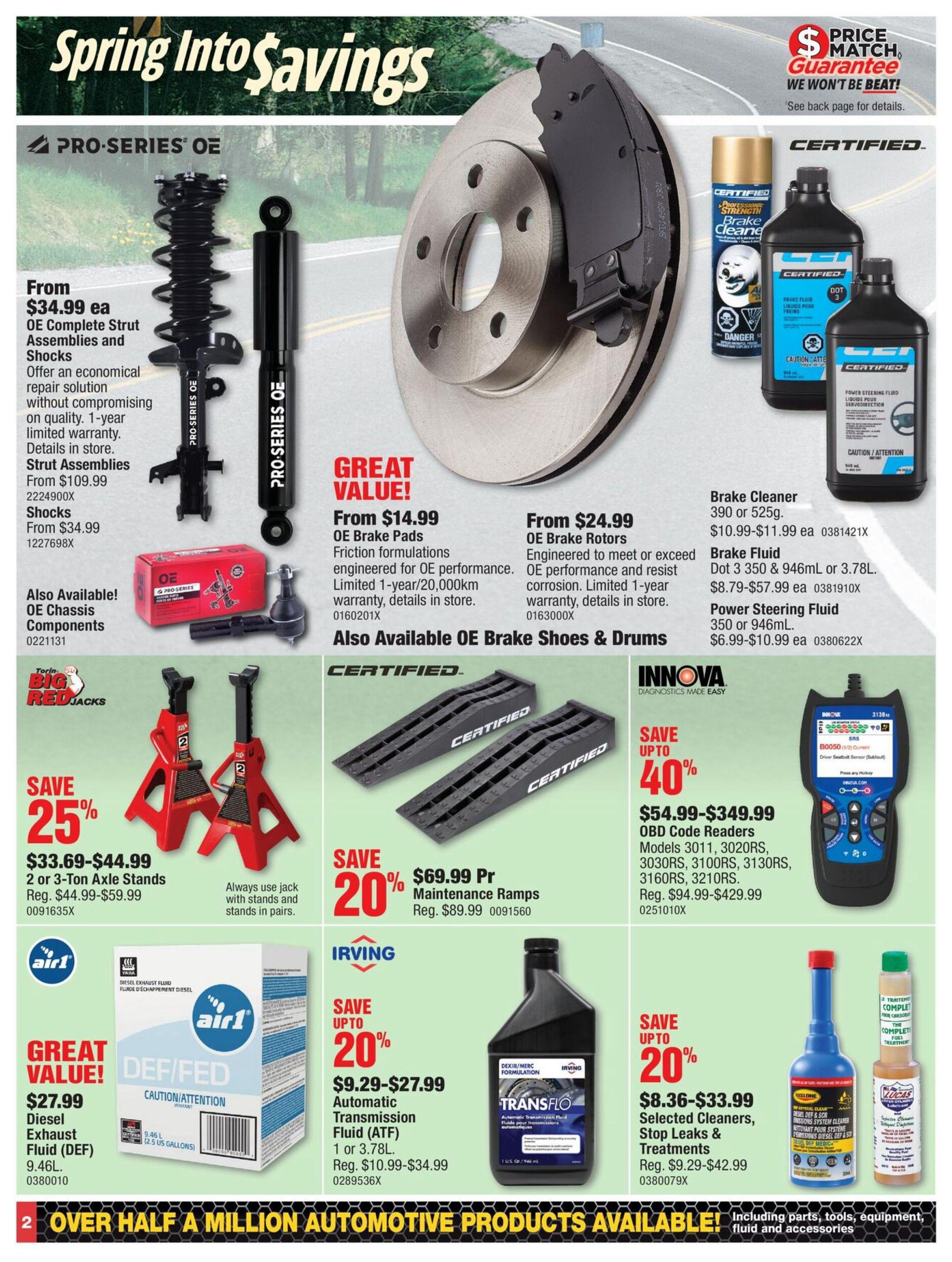 PartSource flyer page 2 features 'Spring Into Savings' with various automotive parts and fluids. Featured products include PRO-SERIES OE Complete Strut Assemblies and Shocks starting from $34.99 each, with Strut Assemblies from $109.99 and Shocks from $34.99. Also available are OE Chassis Components. OE Brake Pads are on sale from $14.99, and OE Brake Rotors are from $24.99. Certified Brake Cleaner is priced from $10.99-$11.99, Brake Fluid from $8.79-$57.99, and Power Steering Fluid from $6.99-$10.99. Save 25% on 2 or 3-Ton Axle Stands, now $33.69-$44.99 (Reg. $44.99-$59.99). Maintenance Ramps are on sale for $69.99 per pair (Reg. $89.99). Save up to 20% on Irving Automatic Transmission Fluid (ATF) for $9.29-$27.99 (Reg. $10.99-$34.99) and on Selected Cleaners, Stop Leaks & Treatments for $8.36-$33.99 (Reg. $9.29-$42.99). Air1 Diesel Exhaust Fluid (DEF) is $27.99 for a 9.46L jug. Innova OBD Code Readers are on sale for $54.99-$349.99, with various models available.