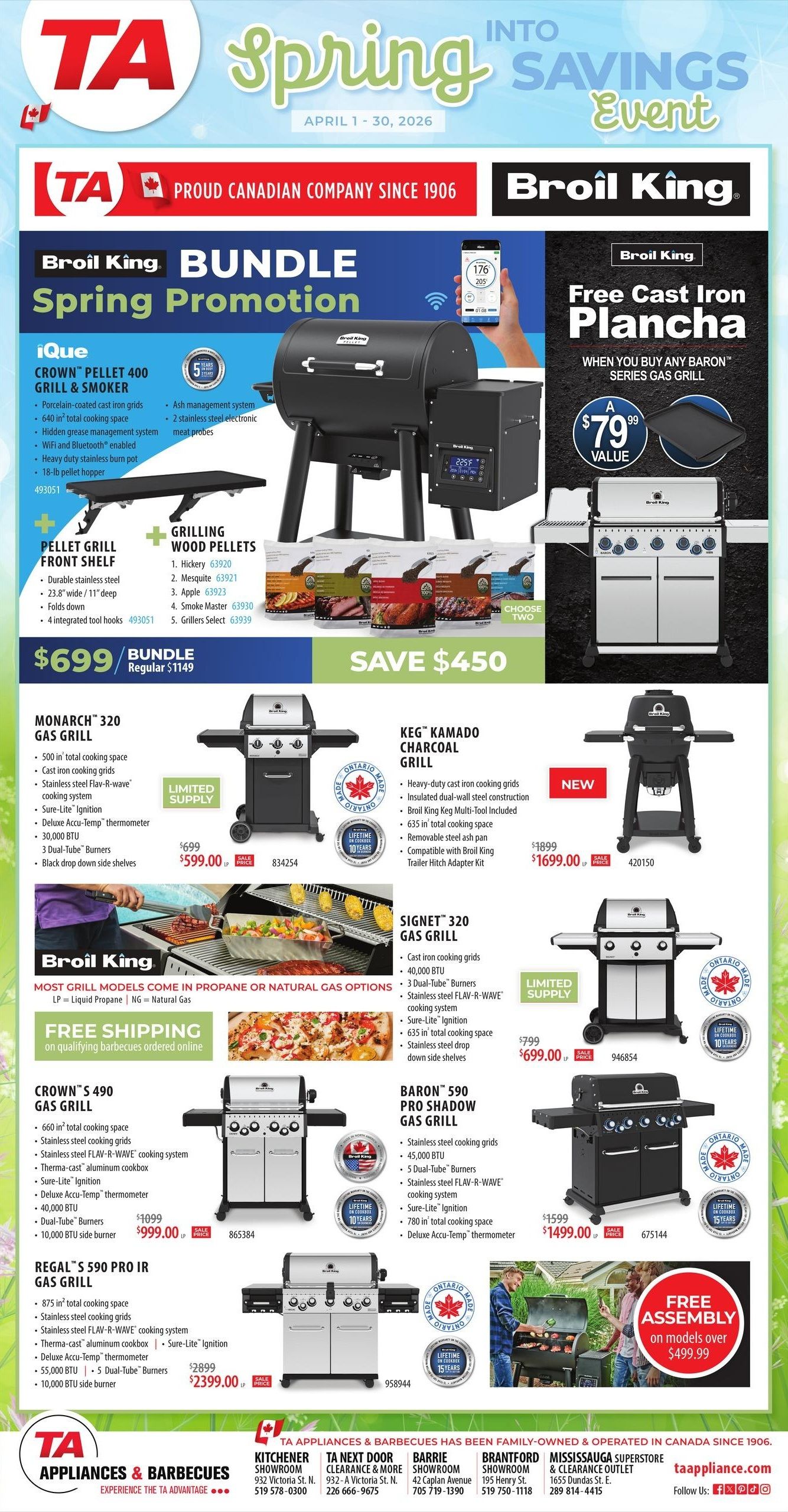 TA Appliance Spring into Savings Event flyer, page 9. Features Broil King grills and smokers. The iQue Crown Pellet 400 Grill & Smoker bundle is on sale for $699, regularly $1149, saving $450. It includes a pellet grill front shelf and grilling wood pellets. Also available are various Broil King gas grills: Monarch 320 Gas Grill for $599.00 (limited supply), Keg Kamado Charcoal Grill for $1699.00 (new), and Signet 320 Gas Grill for $699.00 (limited supply). Larger models include the Crown's 490 Gas Grill for $999.00, Baron 590 Pro Shadow Gas Grill for $1499.00, and Regal's 590 Pro IR Gas Grill for $2399.00. Purchase any Baron Series Gas Grill and receive a free cast iron plancha valued at $79.99. Free shipping is available on qualifying barbecues ordered online. Free assembly is offered on models over $499.99. The flyer also lists store locations and contact information for TA Appliances & Barbecues.