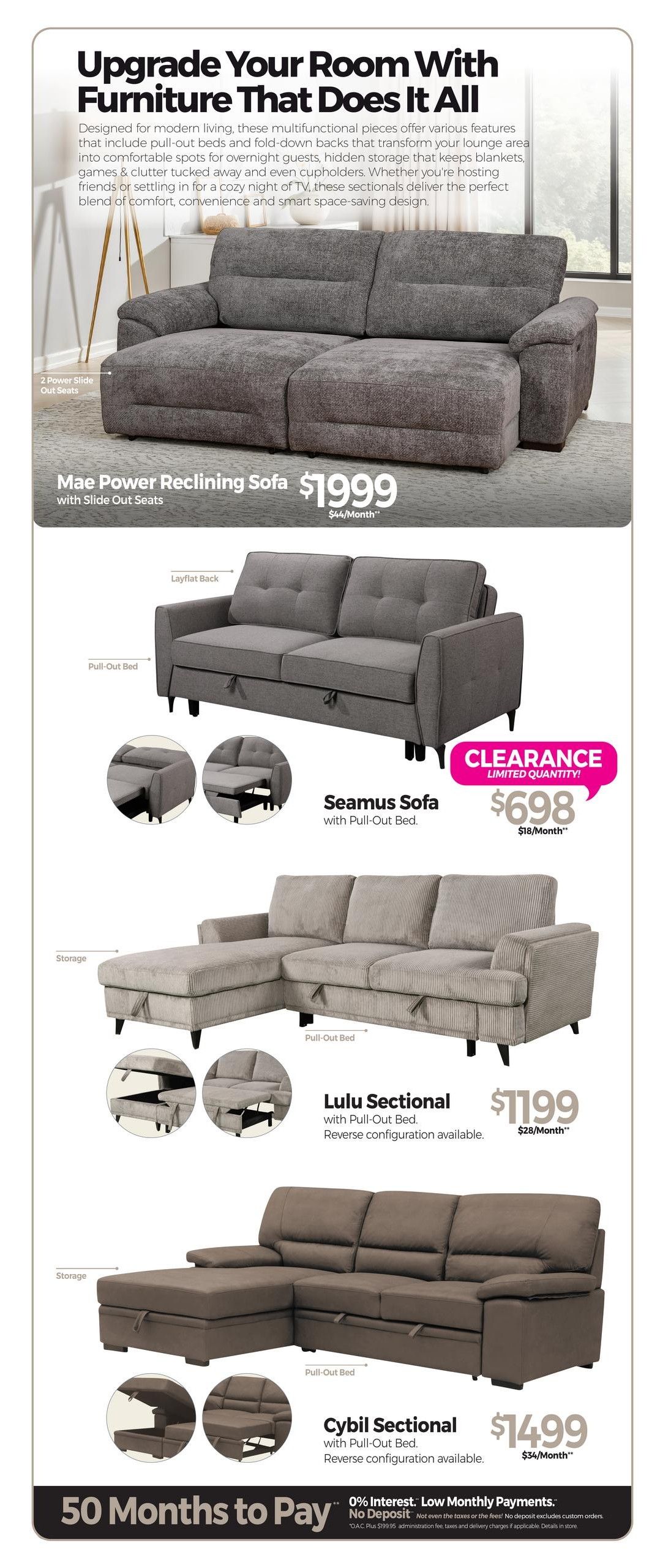 Tepperman's weekly flyer specials, page 4. Upgrade Your Room With Furniture That Does It All. Featured are multifunctional furniture pieces with pull-out beds and hidden storage. The Mae Power Reclining Sofa with Slide Out Seats is priced at $1999 ($44/Month). The Seamus Sofa with Pull-Out Bed is a clearance item for $698 ($18/Month). The Lulu Sectional with Pull-Out Bed, with reverse configuration available, is $1199 ($28/Month). The Cybil Sectional with Pull-Out Bed, with reverse configuration available, is $1499 ($34/Month). The flyer also highlights a 50 Months to Pay offer with 0% Interest and Low Monthly Payments, with no deposit required. Some exclusions apply to the financing offer.