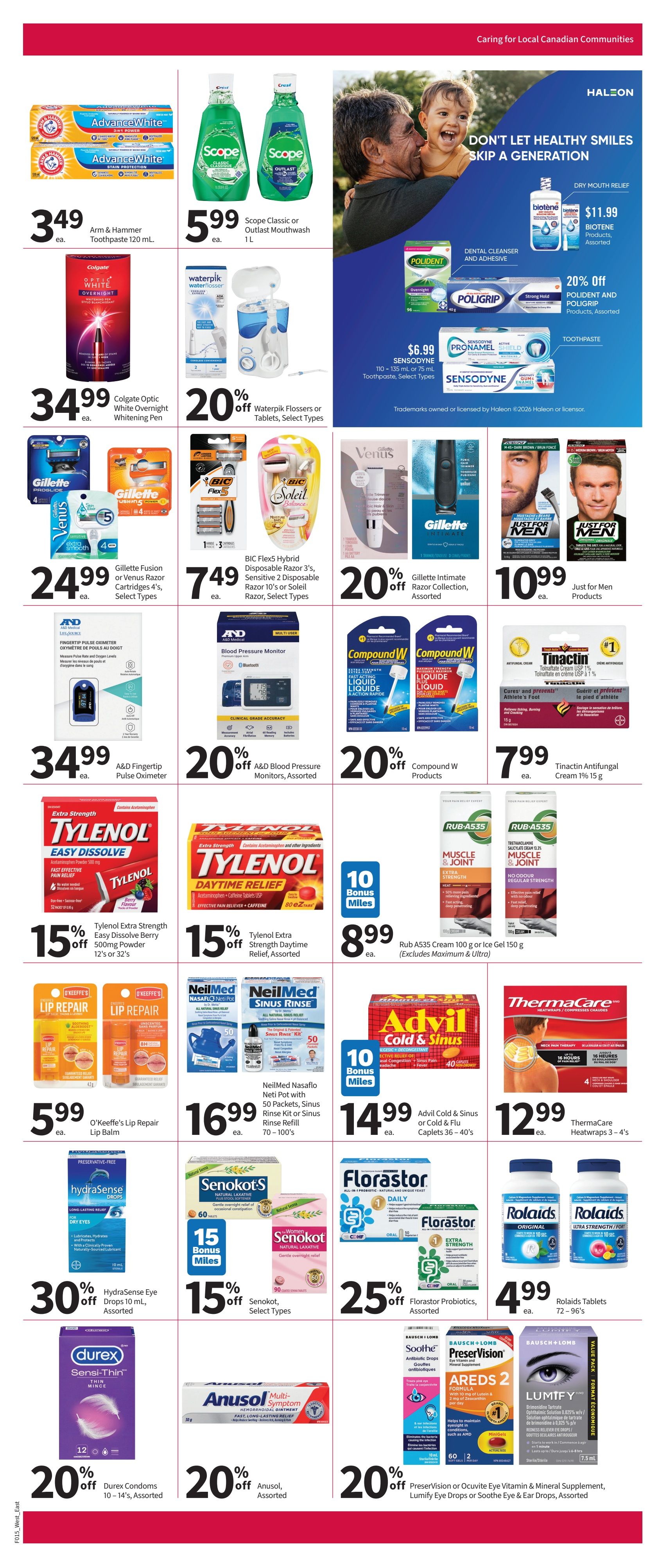 Pharmasave weekly flyer specials for Ontario and Western Canada, Page 4. Featured products include Arm & Hammer Toothpaste 120 mL for $3.49, Scope Classic or Outlast Mouthwash 1 L for $5.99, and Colgate Optic White Overnight Whitening Pen for $34.99. Save 20% on Waterpik Flossers or Tablets, select types. Also available are Polident and Poligrip products with 20% off, and Sensodyne toothpaste 110-135 mL, select types, for $6.99. Gillette Fusion or Venus Razor Cartridges 4's, select types, are $24.99, and BIC Flex5 Hybrid Disposable Razor 3's, Sensitive 2 Disposable Razor 10's or Soleil Razor, select types, are $7.49. Get 20% off Gillette Intimate Razor Collection, assorted. Just for Men products are $10.99. A&D Fingertip Pulse Oximeter is $34.99, with 20% off A&D Blood Pressure Monitors, assorted. Compound W products are 20% off. Tinactin Antifungal Cream 1% 15 g is $7.99. Tylenol Extra Strength Easy Dissolve Berry 500 mg Powder 12's or 32's are 15% off. Tylenol Extra Strength Daytime Relief, assorted, is also 15% off. Earn 10 Bonus Miles on Rub A535 Cream 100 g or Ice Gel 150 g for $8.99. O'Keeffe's Lip Repair Lip Balm is $5.99. NeilMed NasaFlo Neti Pot with 50 Packets, Sinus Rinse Kit or Sinus Rinse Refill 70-100's are $16.99. Advil Cold & Sinus or Cold & Flu Caplets 36-40's earn 10 Bonus Miles and are $14.99. ThermaCare Heatwraps 3-4's are $12.99. Hydrasense Eye Drops 10 mL, assorted, are 30% off. Senokot, select types, are 15% off. Florastor Probiotics, assorted, are 25% off. Rolaids Tablets 72-96's are $4.99. Durex Condoms 10-14's, assorted, are 20% off. Anusol, assorted, is 20% off. PreserVision or Ocuvite Eye Vitamin & Mineral Supplement, Lumify Eye Drops or Soothe Eye & Ear Drops, assorted, are 20% off.