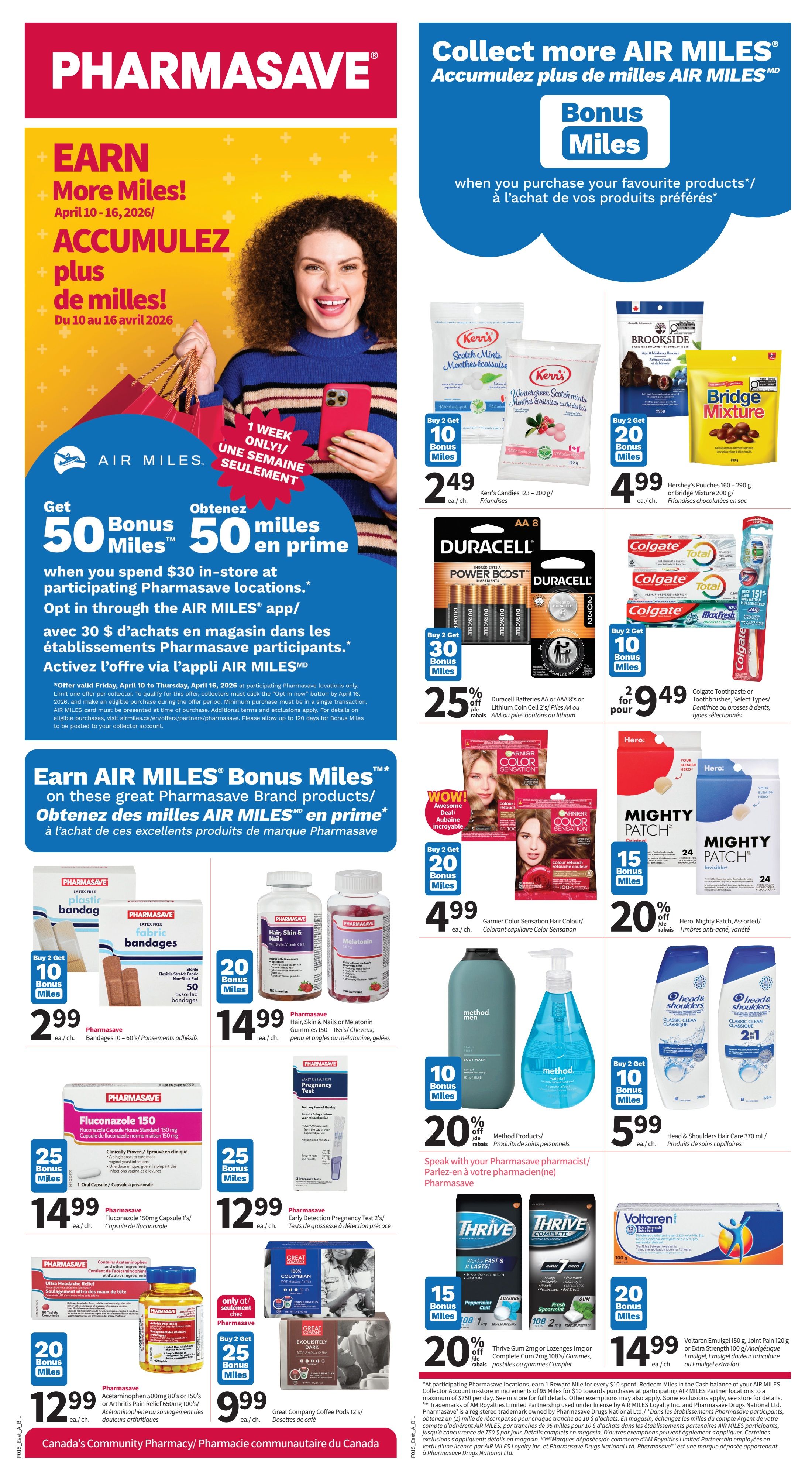 Pharmasave flyer page 2 features a promotion to collect more AIR MILES. Spend $30 in-store at participating Pharmasave locations and get 50 Bonus Miles. Offers valid April 10-16, 2026. Featured products include Kerr's Candies for $2.49 with 10 Bonus Miles when you buy 2, and Hershey's Pouches or Brookside Chocolate for $4.99 with 20 Bonus Miles when you buy 2. Duracell Batteries AA or AAA are 25% off, with 30 Bonus Miles when you buy 2 for $9.49. Colgate Toothpaste or Toothbrushes are 2 for $9.49 with 10 Bonus Miles when you buy 2. Garnier Color Sensation Hair Colour is $4.99 with 20 Bonus Miles when you buy 2. Mighty Patch is 20% off. Pharmasave Bandages are $2.99 with 10 Bonus Miles when you buy 2. Pharmasave Hair, Skin & Nails or Melatonin Gummies are $14.99. Pharmasave Fluconazole Capsules are $14.99 with 25 Bonus Miles. Pharmasave Early Detection Pregnancy Test is $12.99 with 25 Bonus Miles. Pharmasave Acetaminophen 500mg or Arthritis Pain Relief are $12.99 with 20 Bonus Miles. Great Company Coffee Pods are $9.99. Method Body Wash is $5.99 with 10 Bonus Miles when you buy 2. Head & Shoulders Hair Care is $5.99 with 10 Bonus Miles when you buy 2. Thrive Gum is $1.99 with 15 Bonus Miles. Voltaren Emulgel is $14.99 with 20 Bonus Miles. Speak with your Pharmasave pharmacist.
