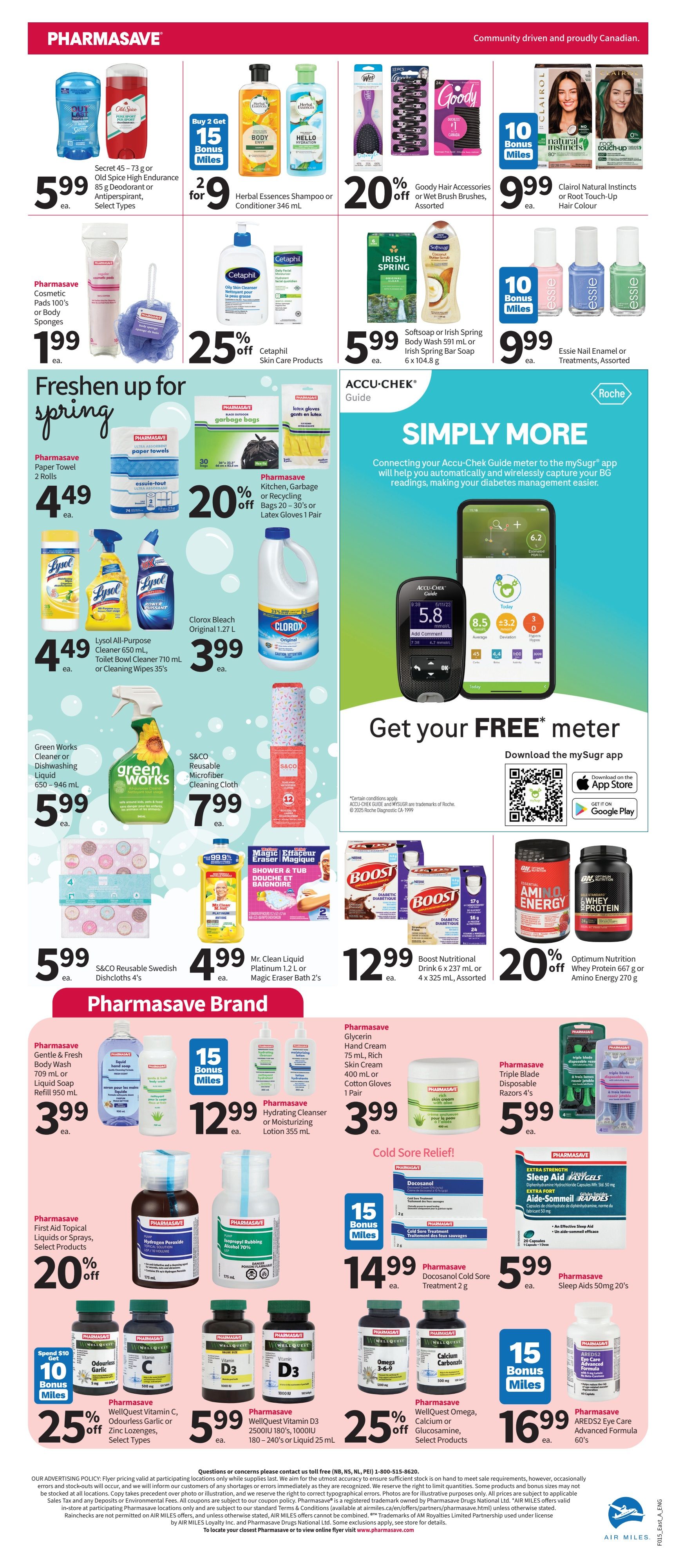 Pharmasave Atlantic Canada weekly flyer specials page 5. Top deals include Old Spice High Endurance Deodorant or Antiperspirant for $5.99, Buy 2 Get 15 Bonus Miles on Herbal Essences Shampoo or Conditioner 346 mL for $9, 20% off Goody Hair Accessories or Wet Brush Brushes, and Clairol Natural Instincts or Root Touch-Up Hair Colour for $9.99 with 10 Bonus Miles. Also featured are Pharmasave Cosmetic Pads 100's or Body Sponges for $1.99, 25% off Cetaphil Skin Care Products, Softsoap or Irish Spring Bar Soap 6 x 104.8 g for $5.99, and Essie Nail Enamel or Treatments for $9.99 with 10 Bonus Miles. Freshen up for spring with Pharmasave Paper Towel 2 Rolls for $4.49, Lysol All-Purpose Cleaner 650 mL, Toilet Bowl Cleaner 710 mL or Cleaning Wipes 35's for $4.49, Clorox Bleach Original 1.27 L for $3.99, and 20% off Pharmasave Kitchen, Garbage or Recycling Bags 20-30's or Latex Gloves 1 Pair. Green Works Cleaner or Dishwashing Liquid 650-946 mL is $5.99, and S&CO Reusable Microfiber Cleaning Cloth is $7.99. S&CO Reusable Swedish Dishcloths 4's are $5.99, and Mr. Clean Liquid Platinum 1.2 L or Magic Eraser Bath 2's are $4.99. Boost Nutritional Drink 6 x 237 mL or 4 x 325 mL is $12.99. Optimum Nutrition Whey Protein 667 g or Amino Energy 270 g is 20% off. Pharmasave Brand products include Gentle & Fresh Body Wash or Liquid Soap Refill 950 mL for $3.99, Hydrating Cleanser or Moisturizing Lotion 355 mL for $12.99 with 15 Bonus Miles, and Glycerin Hand Cream 75 mL, Rich Skin Cream 400 mL or Cotton Gloves 1 Pair for $3.99. Pharmasave Triple Blade Disposable Razors 4's are $5.99. Cold Sore Relief features Docosanol Cold Sore Treatment 2 g for $14.99 with 15 Bonus Miles. Sleep Aid 50mg 20's are $5.99. Also available are Pharmasave WellQuest Vitamin C, Odourless Garlic or Off Zinc Lozenges, Select Types for 25% off, Pharmasave WellQuest Vitamin D3 250IU 180's, 1000's or Liquid 25 mL for $5.99, Pharmasave WellQuest Omega, Calcium or Glucosamine, Select Products for 25% off, and Pharmasave AREDS2 Eye Care Advanced Formula 60's for $16.99 with 15 Bonus Miles. The page also promotes the Accu-Chek Guide and the mySugr app for diabetes management.