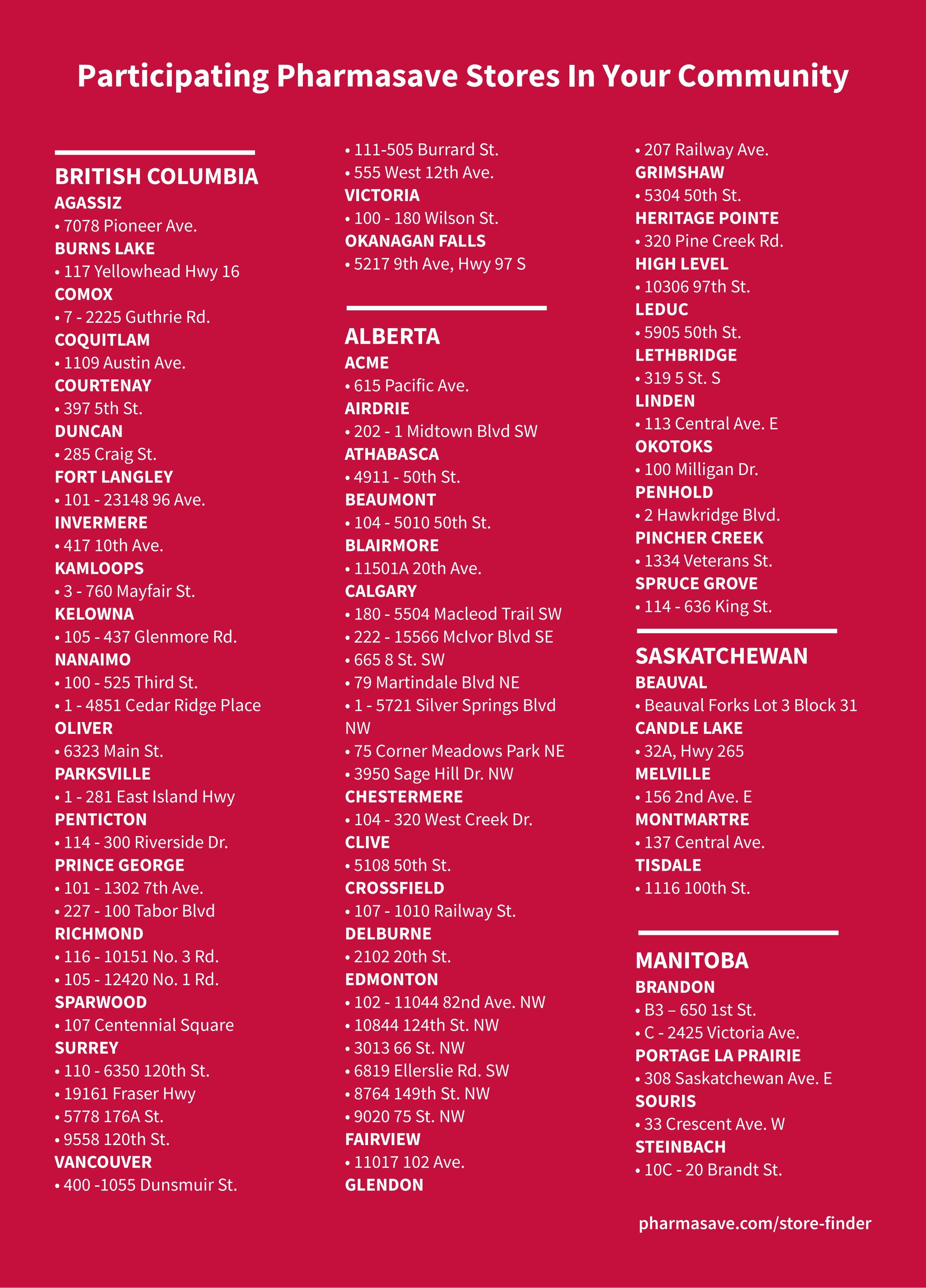 Pharmasave flyer page 5 lists participating store locations across Canada, organized by province. Includes locations in British Columbia: Agassiz, Burns Lake, Comox, Coquitlam, Courtenay, Duncan, Fort Langley, Invermere, Kamloops, Kelowna, Nanaimo, Oliver, Parksville, Penticton, Prince George, Richmond, Sparwood, Surrey, and Vancouver. Alberta locations include: Acme, Airdrie, Athabasca, Beaumont, Blairmore, Calgary, Chestermere, Clive, Crossfield, Delburne, Edmonton, Fairview, and Glendon. Saskatchewan locations: Beauval, Candle Lake, Melville, Montmartre, and Tisdale. Manitoba locations: Brandon, Portage la Prairie, Souris, and Steinbach. A link to pharmasave.com/store-finder is also provided.