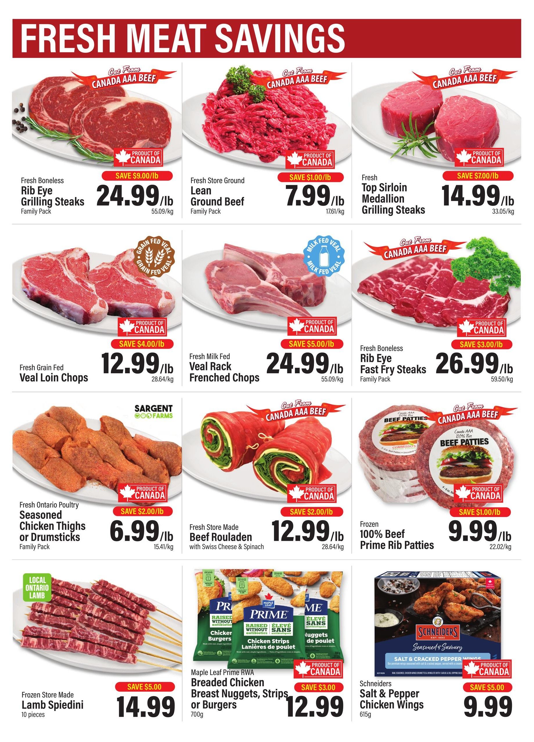 Commisso's Fresh Foods weekly flyer specials page 2 features a variety of fresh meat savings. Top row includes Fresh Boneless Rib Eye Grilling Steaks at $24.99/lb (Save $9.00/lb), Fresh Store Ground Lean Ground Beef at $7.99/lb (Save $1.00/lb), and Fresh Top Sirloin Medallion Grilling Steaks at $14.99/lb (Save $7.00/lb). Second row features Fresh Grain Fed Veal Loin Chops at $12.99/lb (Save $4.00/lb), Fresh Milk Fed Veal Rack Frenched Chops at $24.99/lb (Save $5.00/lb), and Fresh Boneless Rib Eye Fast Fry Steaks at $26.99/lb (Save $3.00/lb). Third row includes Fresh Ontario Poultry Seasoned Chicken Thighs or Drumsticks Family Pack at $6.99/lb (Save $2.00/lb), Fresh Store Made Beef Rouladen with Swiss Cheese & Spinach at $12.99/lb (Save $2.00/lb), and Frozen 100% Beef Prime Rib Patties at $9.99/lb (Save $1.00/lb). Bottom row features Frozen Store Made Lamb Spiedini (10 pieces) at $14.99 (Save $5.00), Maple Leaf Prime RWA Breaded Chicken Breast Nuggets, Strips or Burgers (700g) at $12.99 (Save $3.00), and Schneiders Salt & Pepper Chicken Wings (615g) at $9.99 (Save $5.00).
