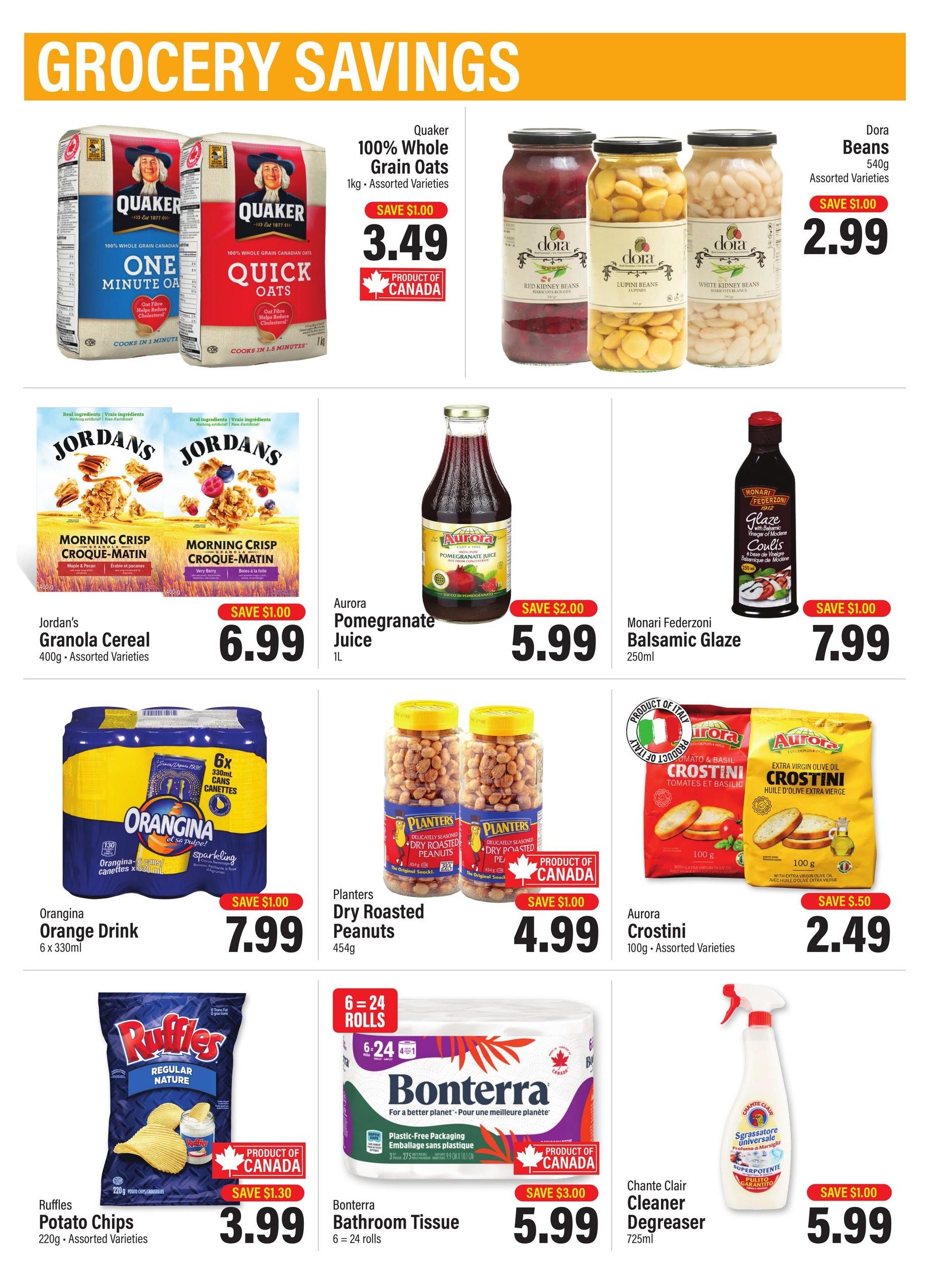 Commisso's Fresh Foods weekly flyer specials page 9 features a variety of grocery savings. Highlighted items include Quaker 100% Whole Grain Oats in One Minute Oats and Quick Oats varieties for $3.49, saving $1.00. Dora Beans in assorted varieties are available for $2.99, saving $1.00. Jordan's Granola Cereal in assorted varieties is on sale for $6.99, saving $1.00. Aurora Pomegranate Juice 1L is priced at $5.99, saving $2.00. Monari Federzoni Balsamic Glaze 250ml is $7.99, saving $1.00. Orangina Orange Drink 6 x 330ml cans are $7.99, saving $1.00. Planters Dry Roasted Peanuts 454g are $4.99, saving $1.00. Aurora Crostini in assorted varieties 100g are $2.49, saving $0.50. Ruffles Potato Chips 220g in assorted varieties are $3.99, saving $1.30. Bonterra Bathroom Tissue 6 = 24 rolls is $5.99, saving $3.00. Chante Clair Cleaner Degreaser 725ml is $5.99, saving $1.00.