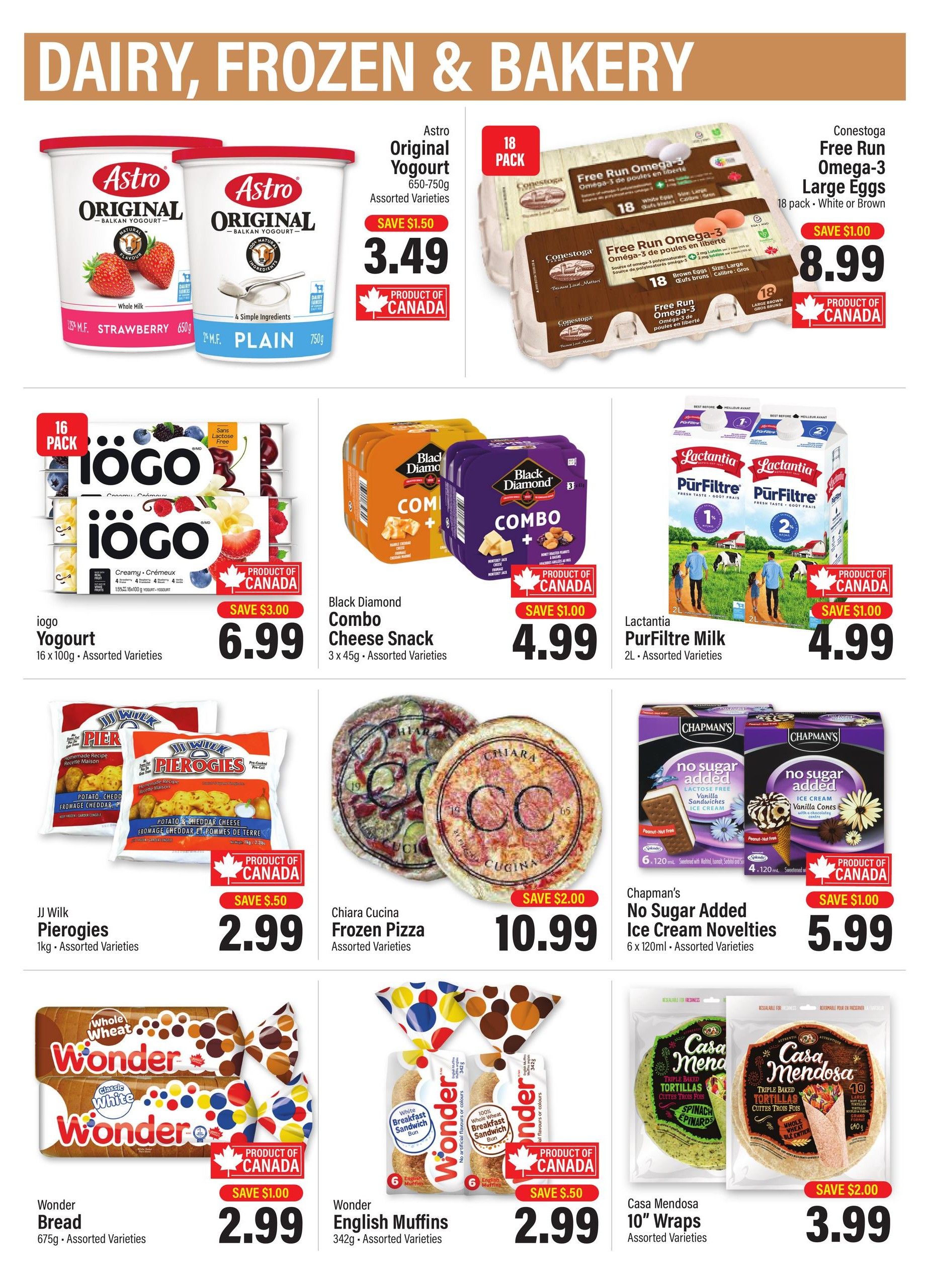 Commisso's Fresh Foods weekly flyer specials page 10 features dairy, frozen, and bakery items. Highlights include Astro Original Yogurt for $3.49 with a $1.50 saving, Conestoga Free Run Omega-3 Large Eggs (18 pack) for $8.99 with a $1.00 saving, and iogo Yogurt (16 x 100g) for $6.99 with a $3.00 saving. Also featured are Black Diamond Combo Cheese Snacks (3 x 45g) for $4.99 with a $1.00 saving, Lactantia PurFiltre Milk (2L) for $4.99 with a $1.00 saving, and JJ Wilk Pierogies (1kg) for $2.99 with a $0.50 saving. Chiara Cucina Frozen Pizza is available for $10.99 with a $2.00 saving. Chapman's No Sugar Added Ice Cream Novelties (6 x 120ml) are on sale for $5.99 with a $1.00 saving. Wonder Bread (675g) is priced at $2.99 with a $1.00 saving, and Wonder English Muffins (342g) are $2.99 with a $0.50 saving. Finally, Casa Mendosa 10' Wraps are $3.99 with a $2.00 saving.