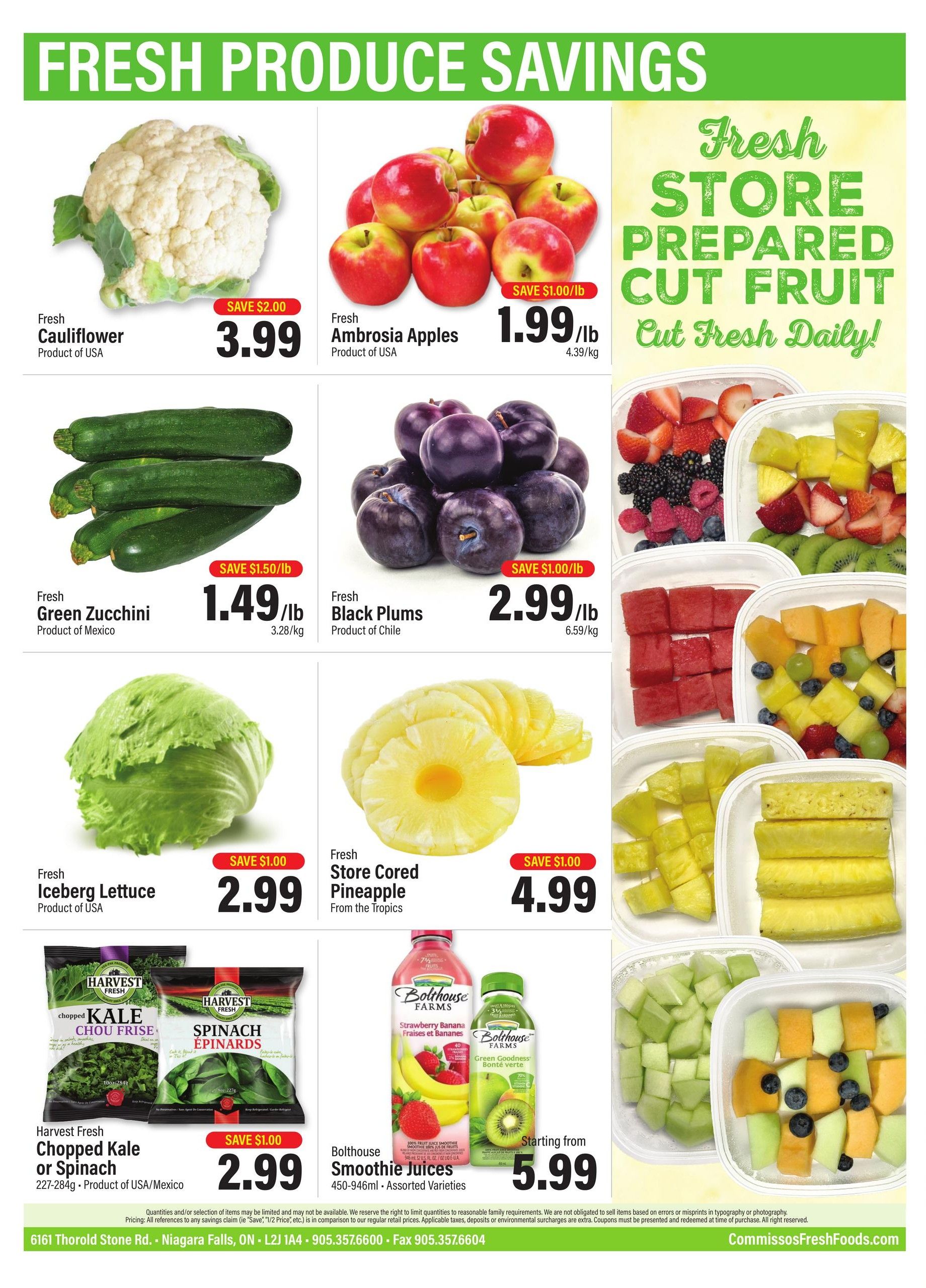 Commisso's Fresh Foods weekly flyer specials page 11 features fresh produce savings. Get fresh cauliflower for $3.99/lb, save $2.00. Fresh Ambrosia Apples are $1.99/lb, save $1.00. Fresh Green Zucchini is $1.49/lb, save $1.50. Fresh Black Plums are $2.99/lb, save $1.00. Fresh Iceberg Lettuce is $2.99, save $1.00. Fresh Store Cored Pineapple is $4.99. Harvest Fresh Chopped Kale or Spinach (227-284g) is $2.99, save $1.00. Bolthouse Smoothie Juices (450-946ml, assorted varieties) start from $5.99. The page also highlights fresh store-prepared cut fruit, cut fresh daily, with various fruit mixes available.
