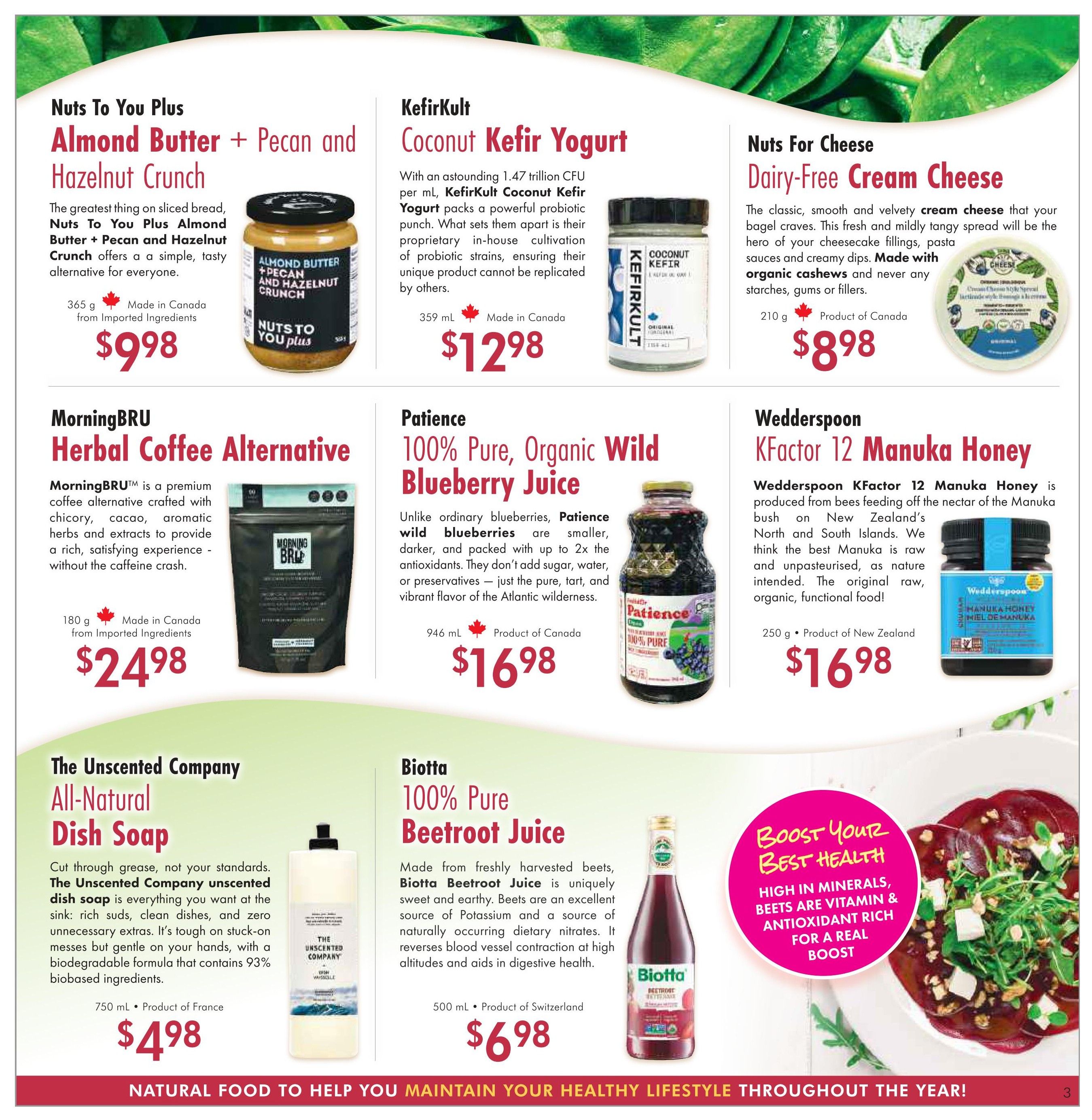 Lifestyle Markets flyer page 3 features Nuts To You Plus Almond Butter + Pecan and Hazelnut Crunch for $9.98, Kefirkult Coconut Kefir Yogurt for $12.98, Nuts For Cheese Dairy-Free Cream Cheese for $8.98, MorningBRU Herbal Coffee Alternative for $24.98, Patience 100% Pure Organic Wild Blueberry Juice for $16.98, and Wedderspoon KFactor 12 Manuka Honey for $16.98. Also featured is The Unscented Company All-Natural Dish Soap for $4.98 and Biotta 100% Pure Beetroot Juice for $6.98. A promotional circle highlights that beets are high in minerals, vitamin & antioxidant rich for a real boost.