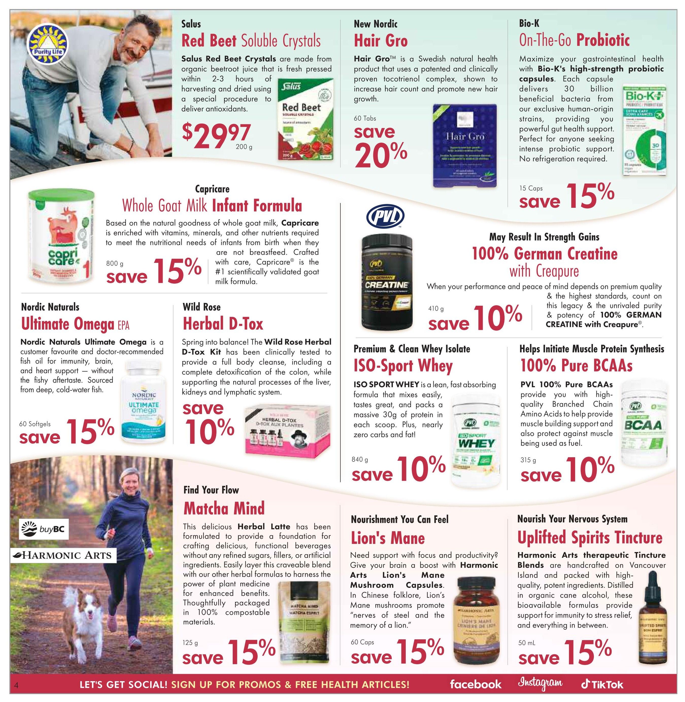 Lifestyle Markets flyer page 4 featuring various health and wellness products. Offers include Salus Red Beet Soluble Crystals for $29.97 (200g), New Nordic Hair Gro with 20% off (60 Tabs), and Bio-K On-The-Go Probiotic with 15% off (15 Caps). Capricare Whole Goat Milk Infant Formula is on sale for 15% off (800g). Nordic Naturals Ultimate Omega EPA is 15% off (60 Softgels). Wild Rose Herbal D-Tox Kit is 10% off. PVL 100% German Creatine with Creapure is 10% off (410g), and PVL 100% Pure BCAAs are 10% off (315g). Also featured are Harmonic Arts Matcha Mind Herbal Latte with 15% off (125g), Lion's Mane Mushroom Capsules with 15% off (60 Caps), and Harmonic Arts Uplifted Spirits Tincture with 15% off (50 mL).
