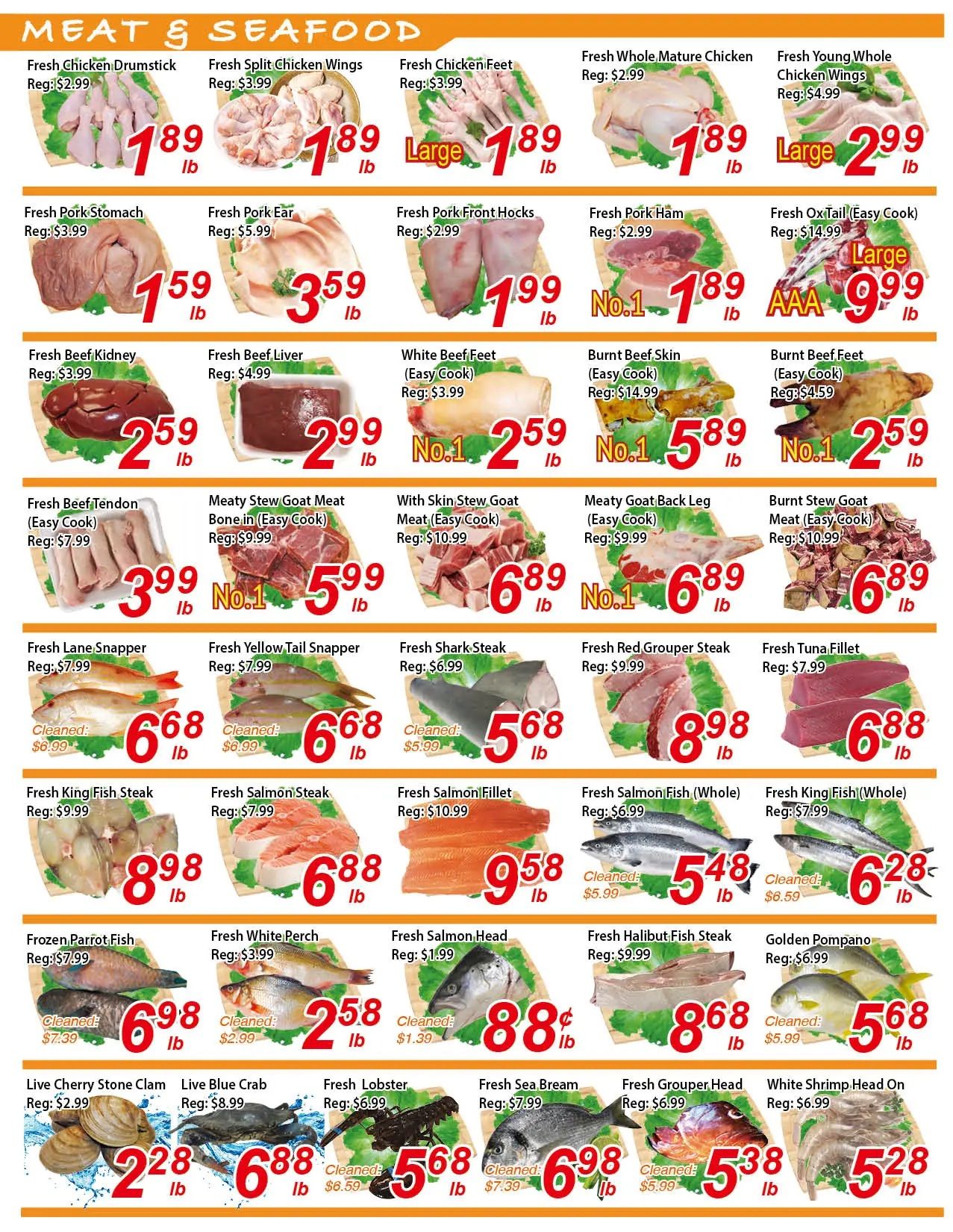 Fresh Win Foodmart weekly flyer specials page 2 features a wide selection of meat and seafood. Highlights include Fresh Chicken Drumstick at $1.89/lb, Fresh Split Chicken Wings at $1.89/lb, and Fresh Chicken Feet at $1.89/lb. Also available are Fresh Whole Mature Chicken for $1.89/lb and Fresh Young Whole Chicken Wings for $2.99/lb. Pork options include Fresh Pork Stomach at $1.59/lb, Fresh Pork Ear at $3.59/lb, Fresh Pork Front Hocks at $1.99/lb, and Fresh Pork Ham at $1.89/lb. Beef items featured are Fresh Beef Kidney at $2.59/lb, Fresh Beef Liver at $2.99/lb, White Beef Feet (Easy Cook) at $2.59/lb, Burnt Beef Skin (Easy Cook) at $5.89/lb, and Burnt Beef Feet (Easy Cook) at $2.59/lb. Goat meat selections include Fresh Beef Tendon (Easy Cook) for $3.99/lb, Meaty Stew Goat Meat Bone in (Easy Cook) at $5.99/lb, With Skin Stew Goat Meat (Easy Cook) at $6.89/lb, Meaty Goat Back Leg (Easy Cook) at $6.89/lb, and Burnt Stew Goat Meat (Easy Cook) at $6.89/lb. Seafood offerings include Fresh Lane Snapper at $6.68/lb, Fresh Yellow Tail Snapper at $6.68/lb, Fresh Shark Steak at $5.68/lb, Fresh Red Grouper Steak at $8.98/lb, and Fresh Tuna Fillet at $6.88/lb. Other fish options are Fresh King Fish Steak at $8.98/lb, Fresh Salmon Steak at $6.88/lb, Fresh Salmon Fillet at $9.58/lb, Frozen Parrot Fish at $6.98/lb, Fresh White Perch at $2.58/lb, Fresh Salmon Head at $0.88/lb, Fresh Halibut Fish Steak at $8.68/lb, and Golden Pompano at $5.68/lb. Shellfish include Live Cherry Stone Clam at $2.28/lb, Live Blue Crab at $6.88/lb, Fresh Lobster at $5.68/lb, Fresh Sea Bream at $6.98/lb, Fresh Grouper Head at $5.38/lb, and White Shrimp Head On at $5.28/lb.